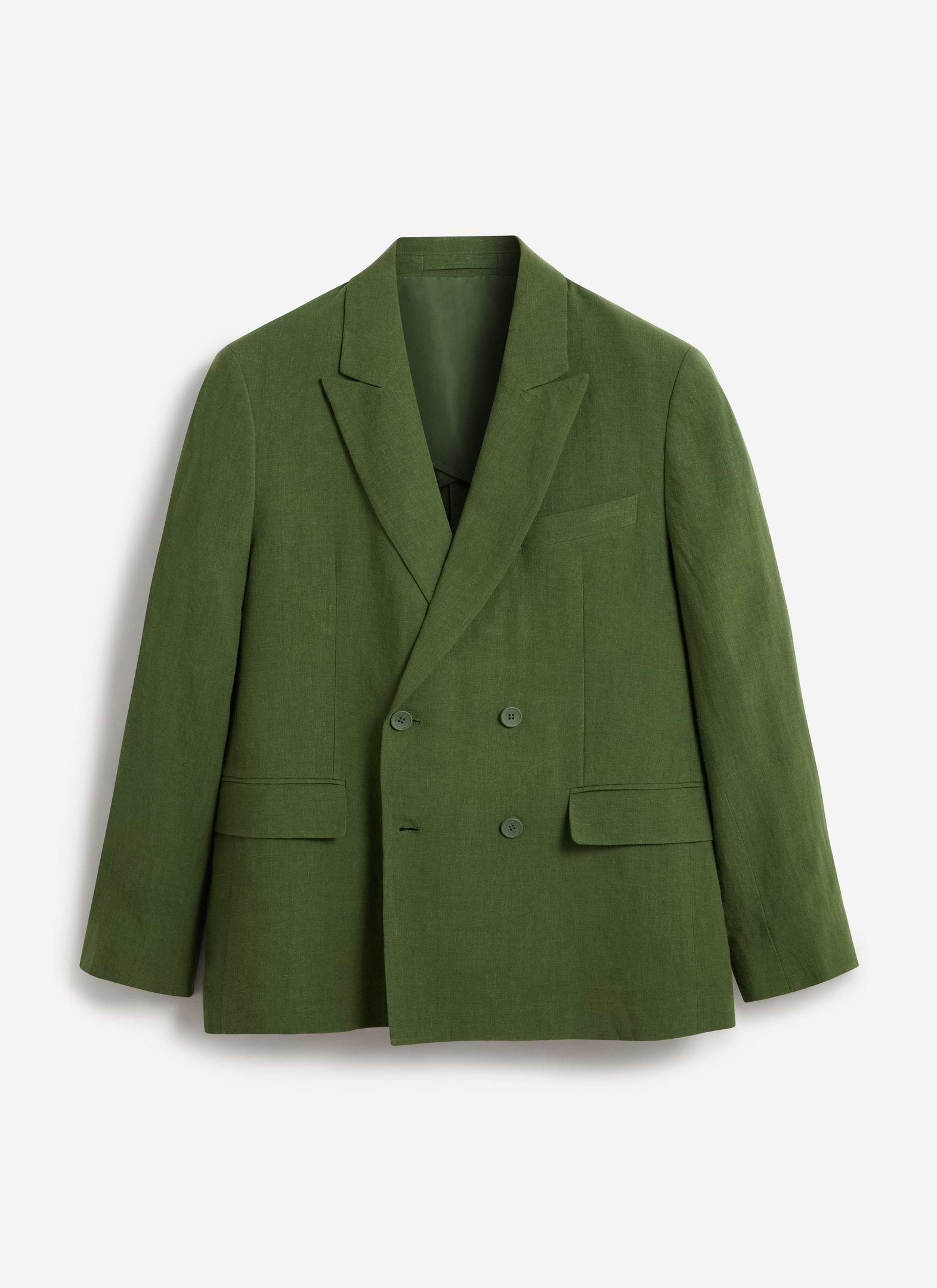 A flat lay of the Percival Clifton Double Breasted Blazer in forest green linen against a white background.