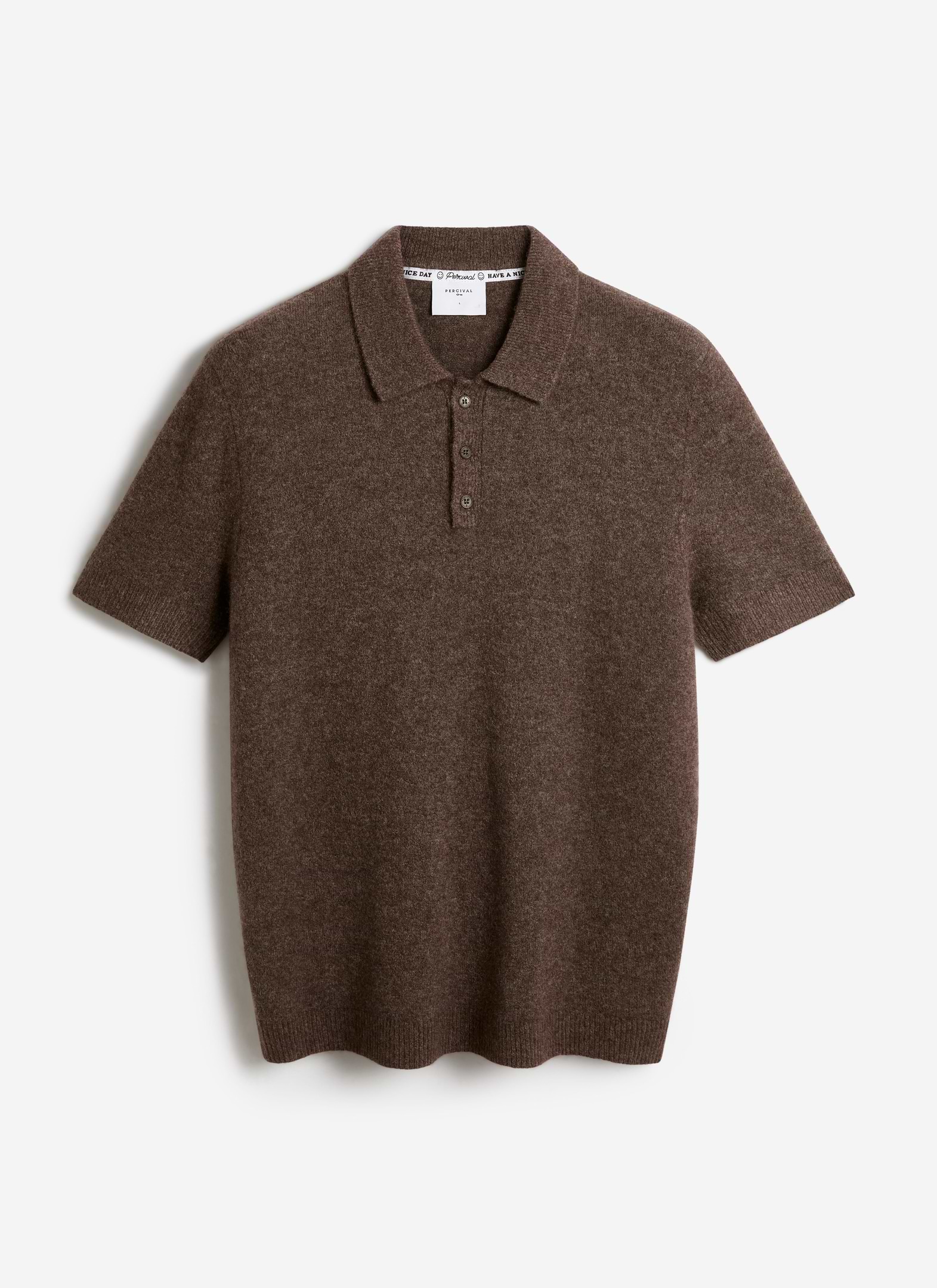 Espresso brown Percival Collins boxy knitted polo in a yak and wool blend, featuring a classic collar and short sleeves.