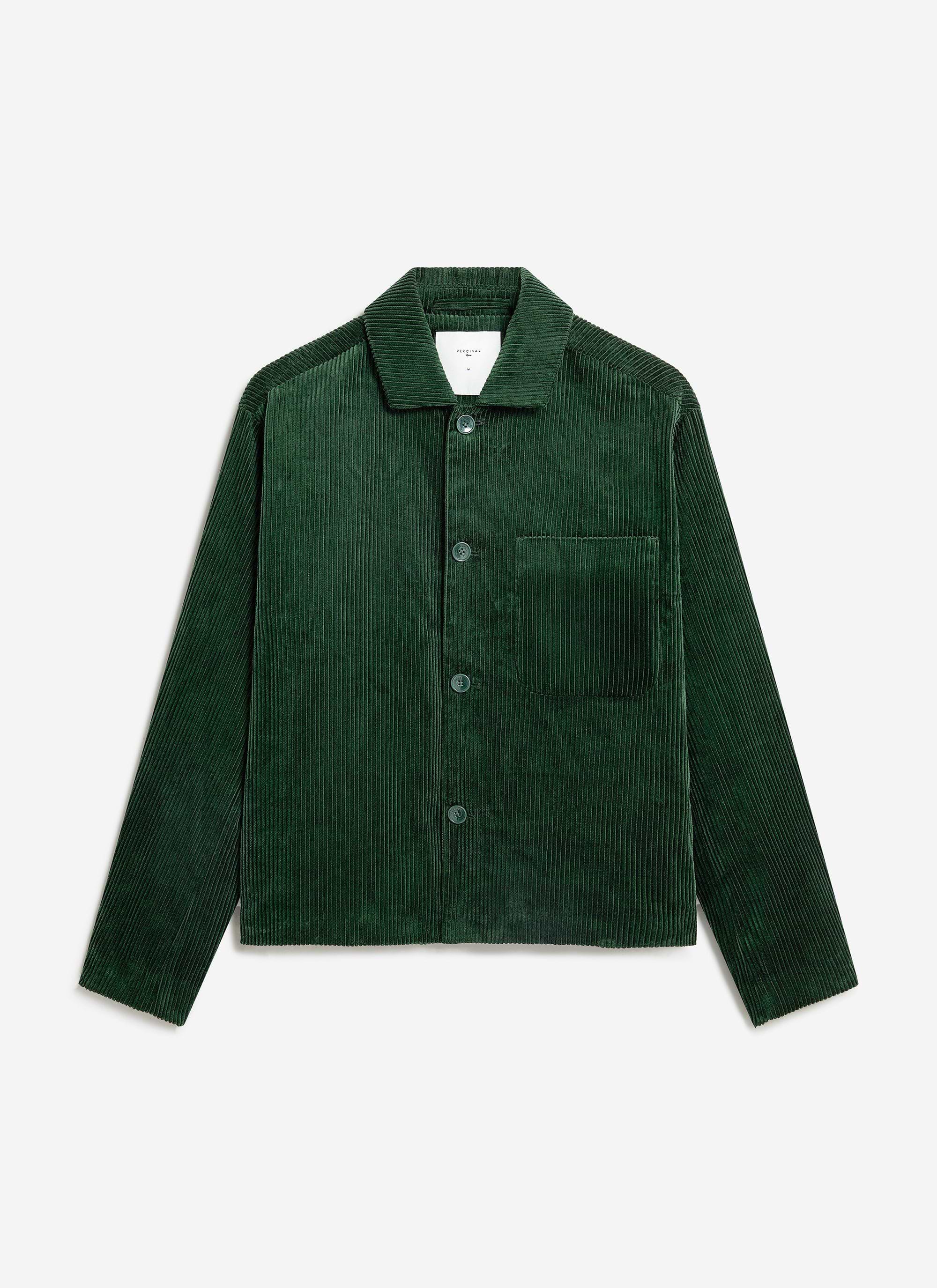The Percival Cord Overshirt in forest green, captured in a flat lay studio shot against a white background.
