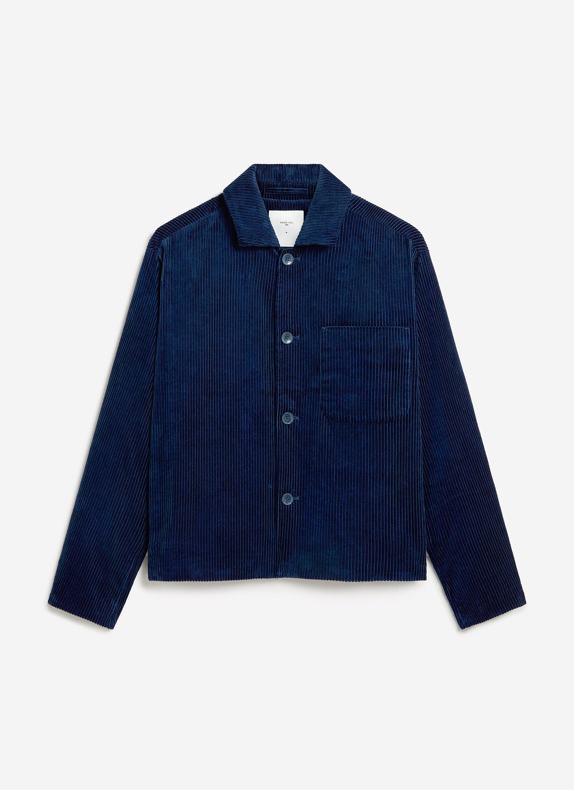 The Percival Cord Overshirt in navy, a classic workwear-style jacket in heavyweight corduroy, shown on a white background.