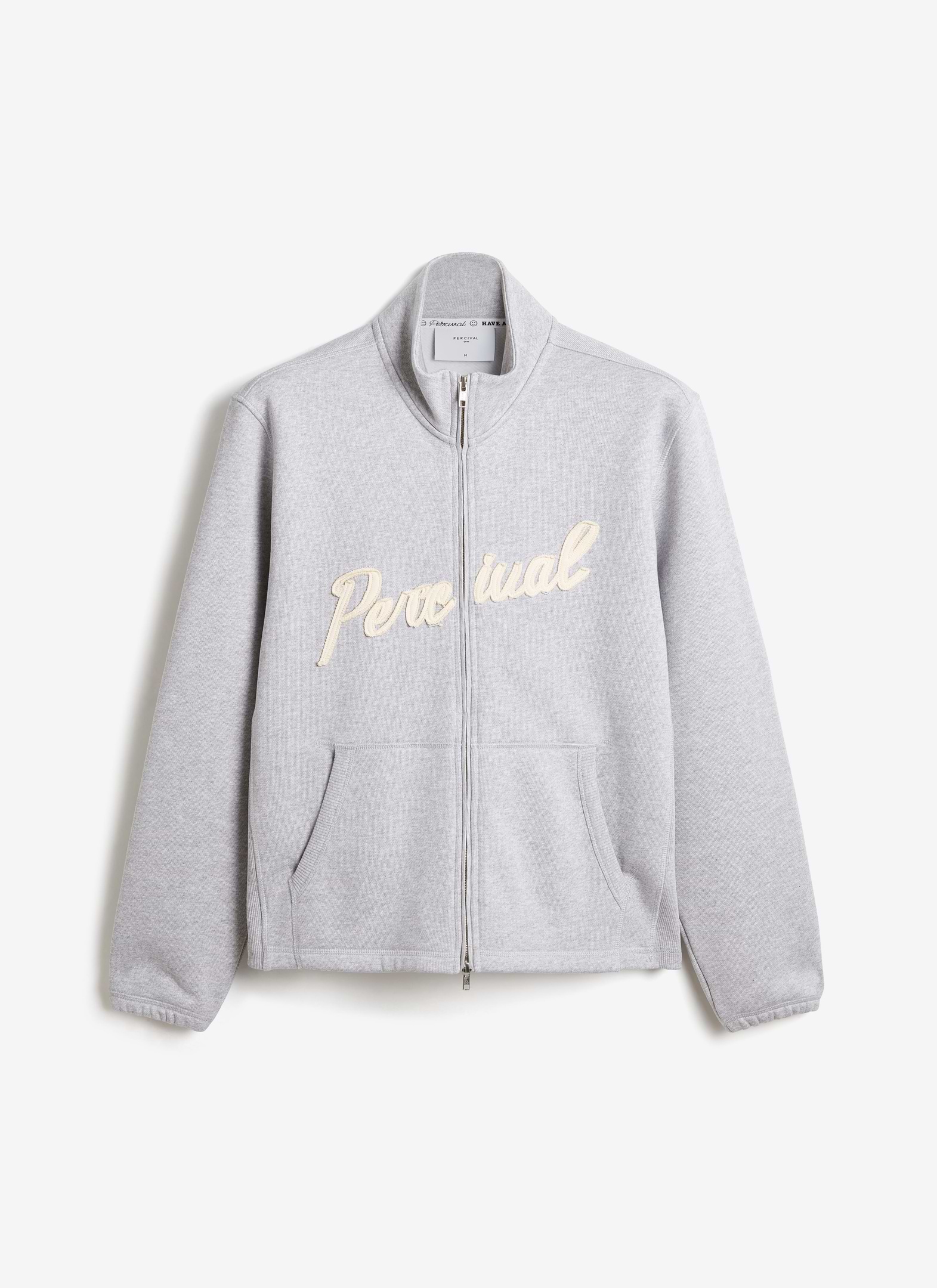 Percival Curtis Boxy Funnel Neck Sweatshirt in athletic grey organic cotton with contrast cream script chest logo.