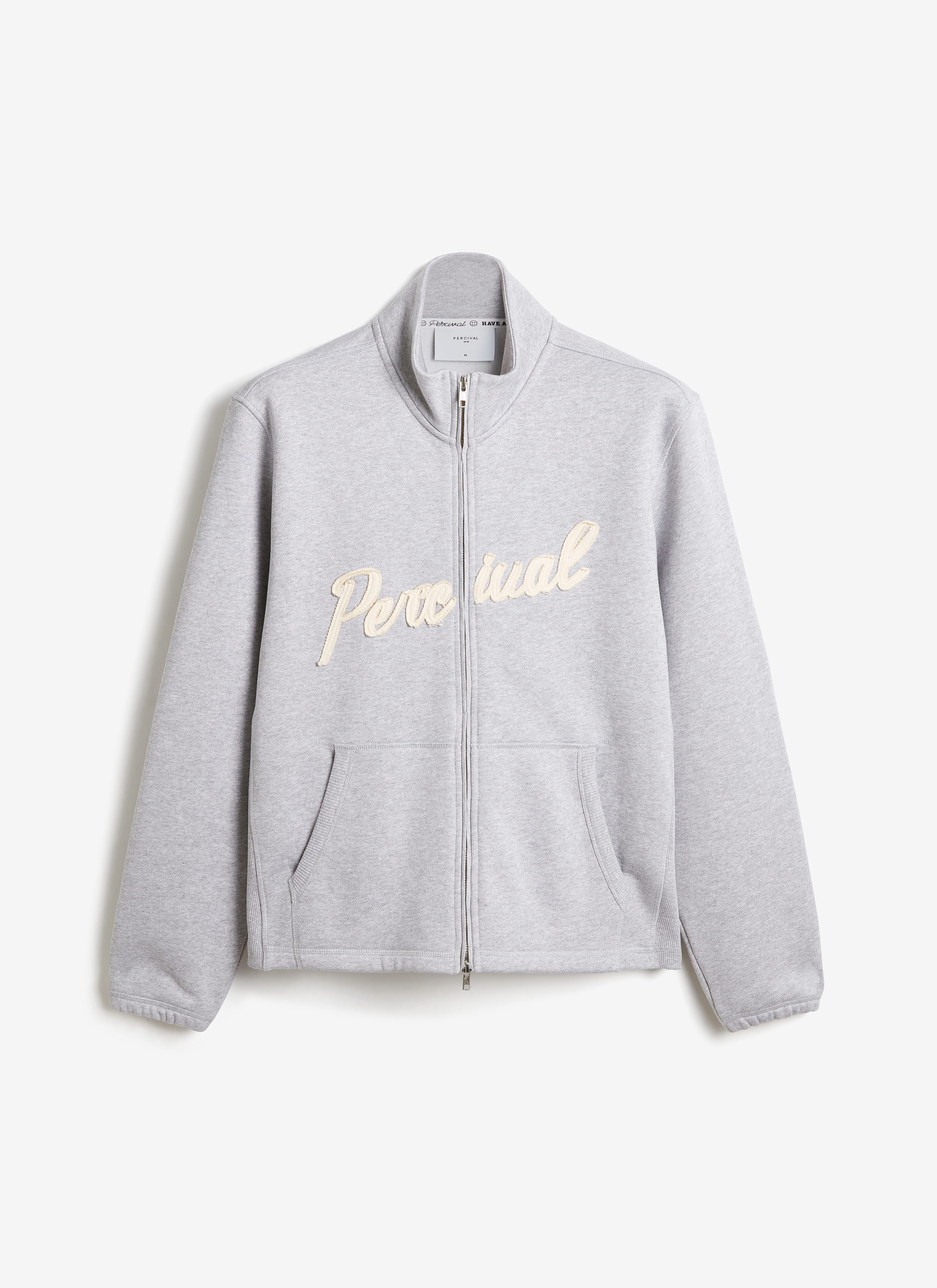 Percival Curtis Boxy Funnel Neck Sweatshirt in athletic grey organic cotton with contrast cream script chest logo.