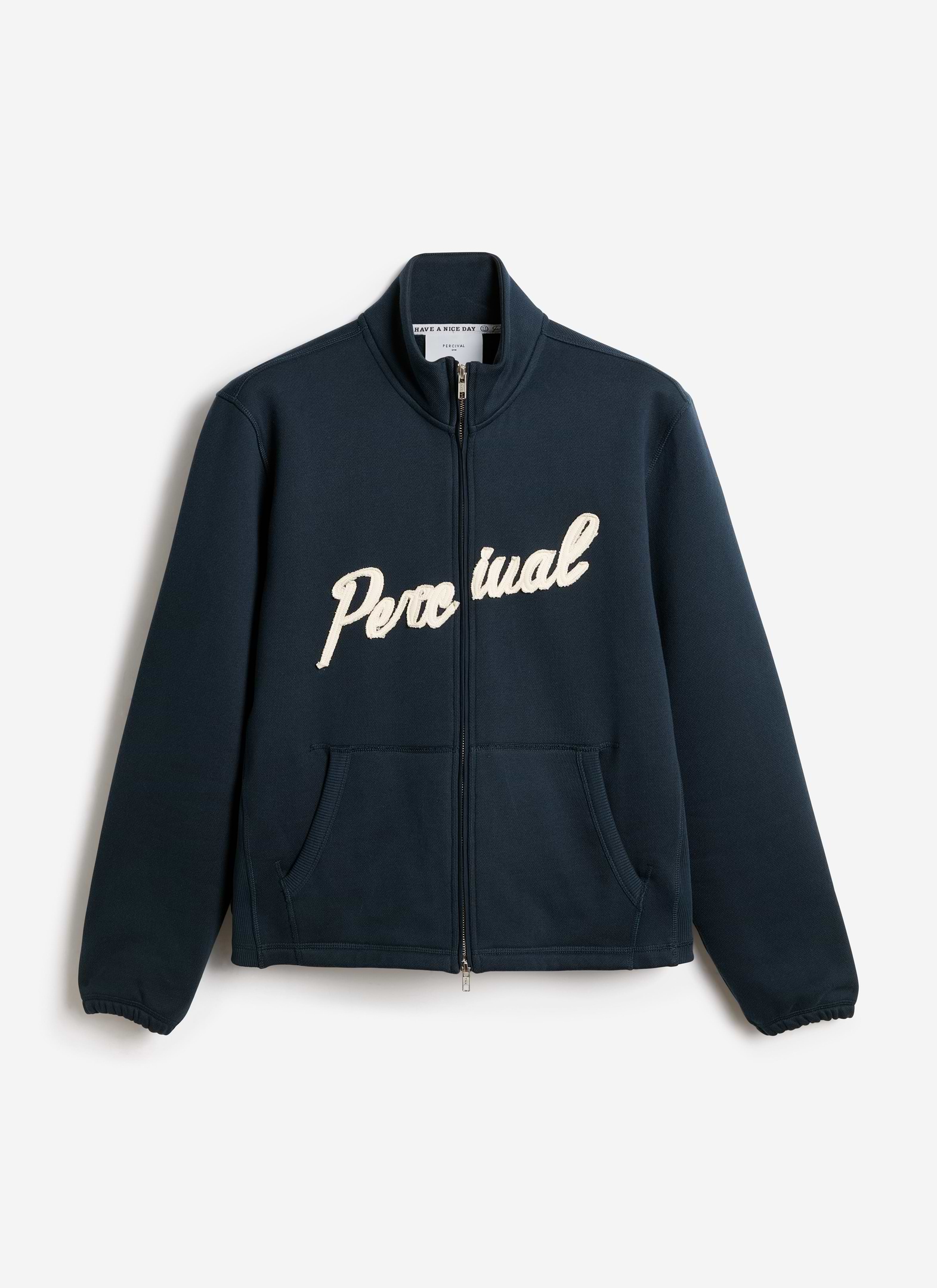 Navy blue Percival Curtis Boxy Funnel Neck Zip Sweatshirt in organic cotton with a cream script logo appliqué.