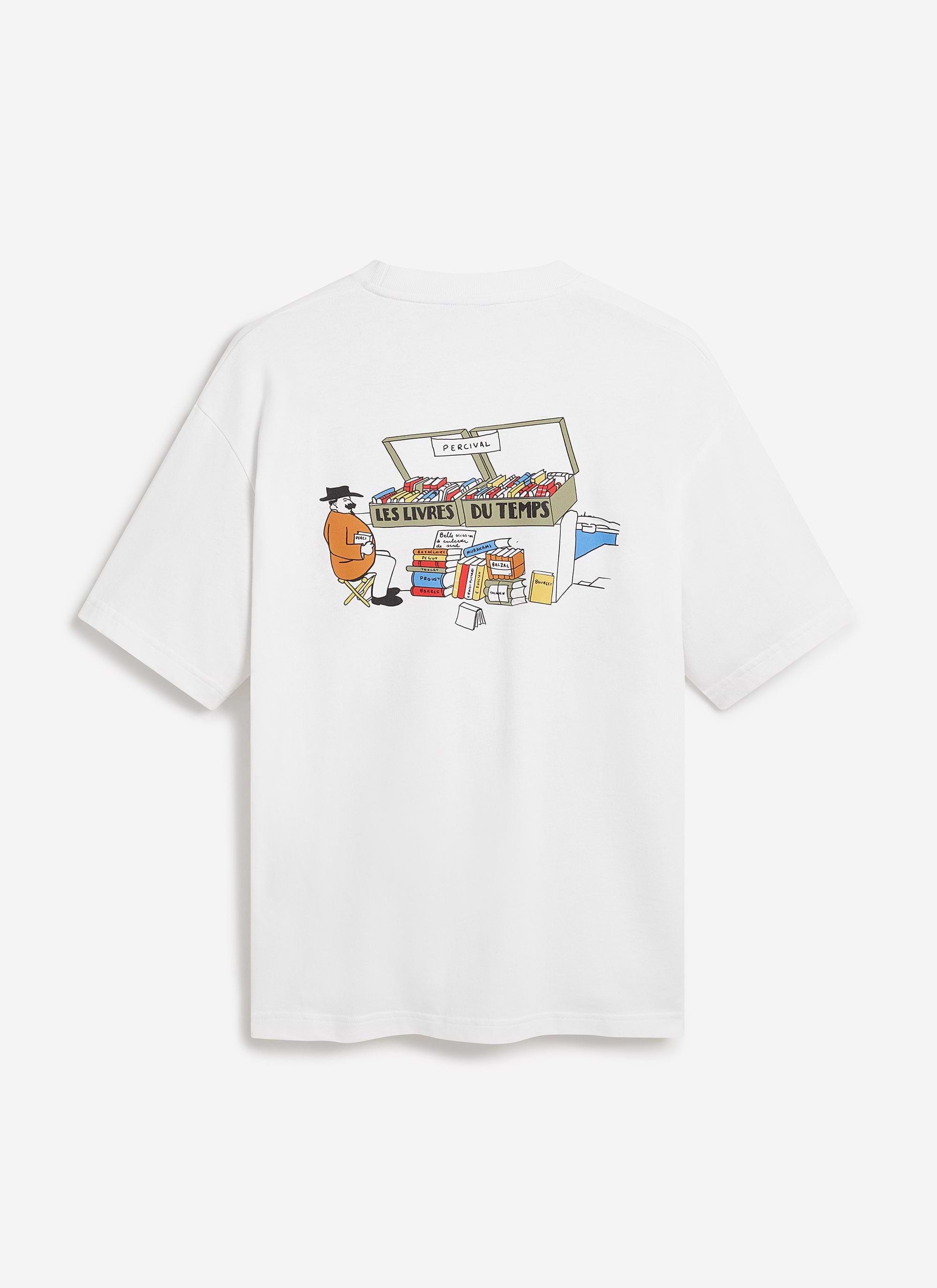 The white cotton Du Temps oversized t-shirt from Percival, showing the 'Les livres du temps' illustration on the back.