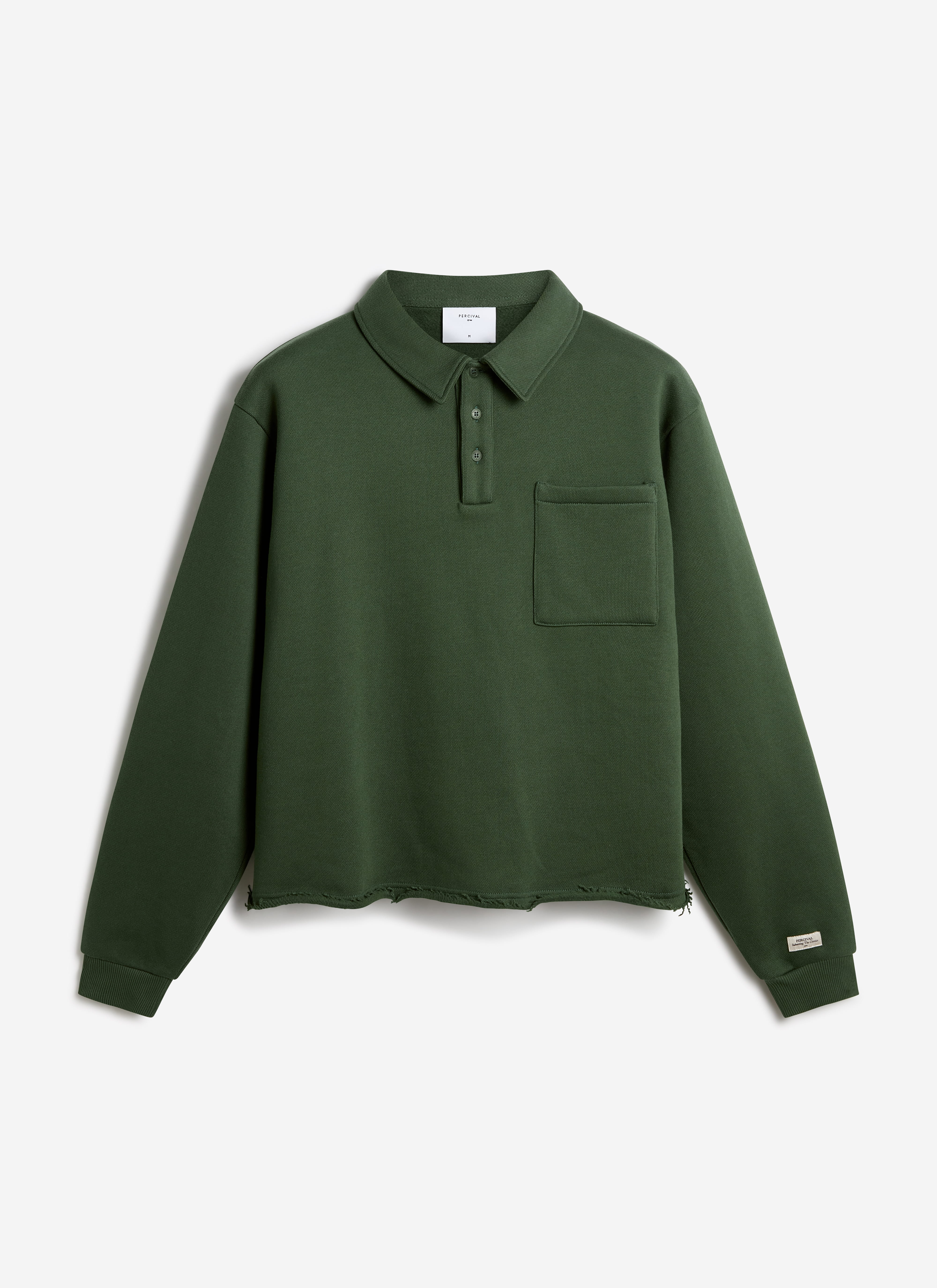 Percival Dudley Boxy Sweatshirt in forest green organic cotton, featuring a buttoned polo collar and chest pocket.