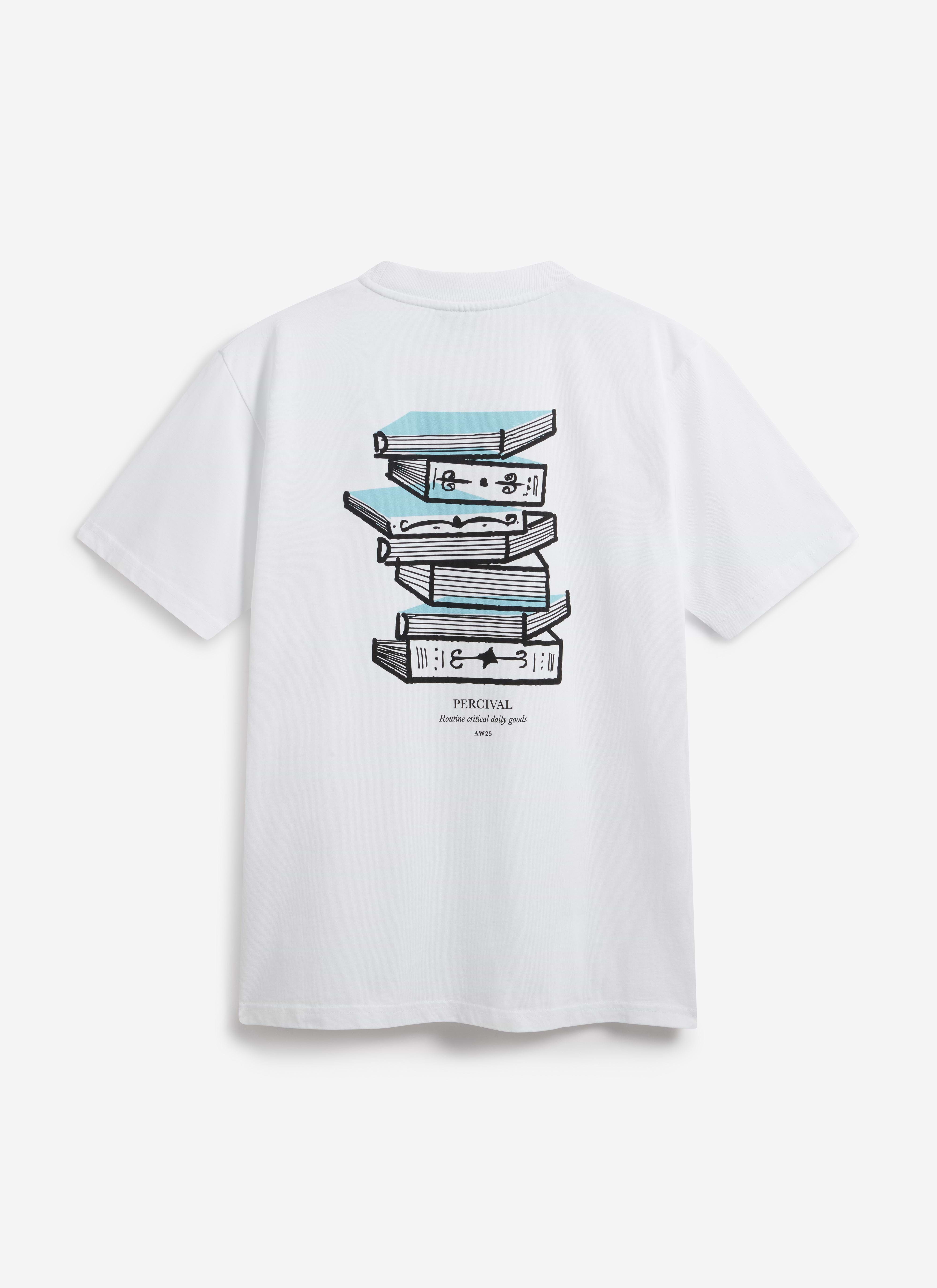 Back view of the Percival Duke T-shirt in white, featuring the 'Routine critical daily goods' book graphic.