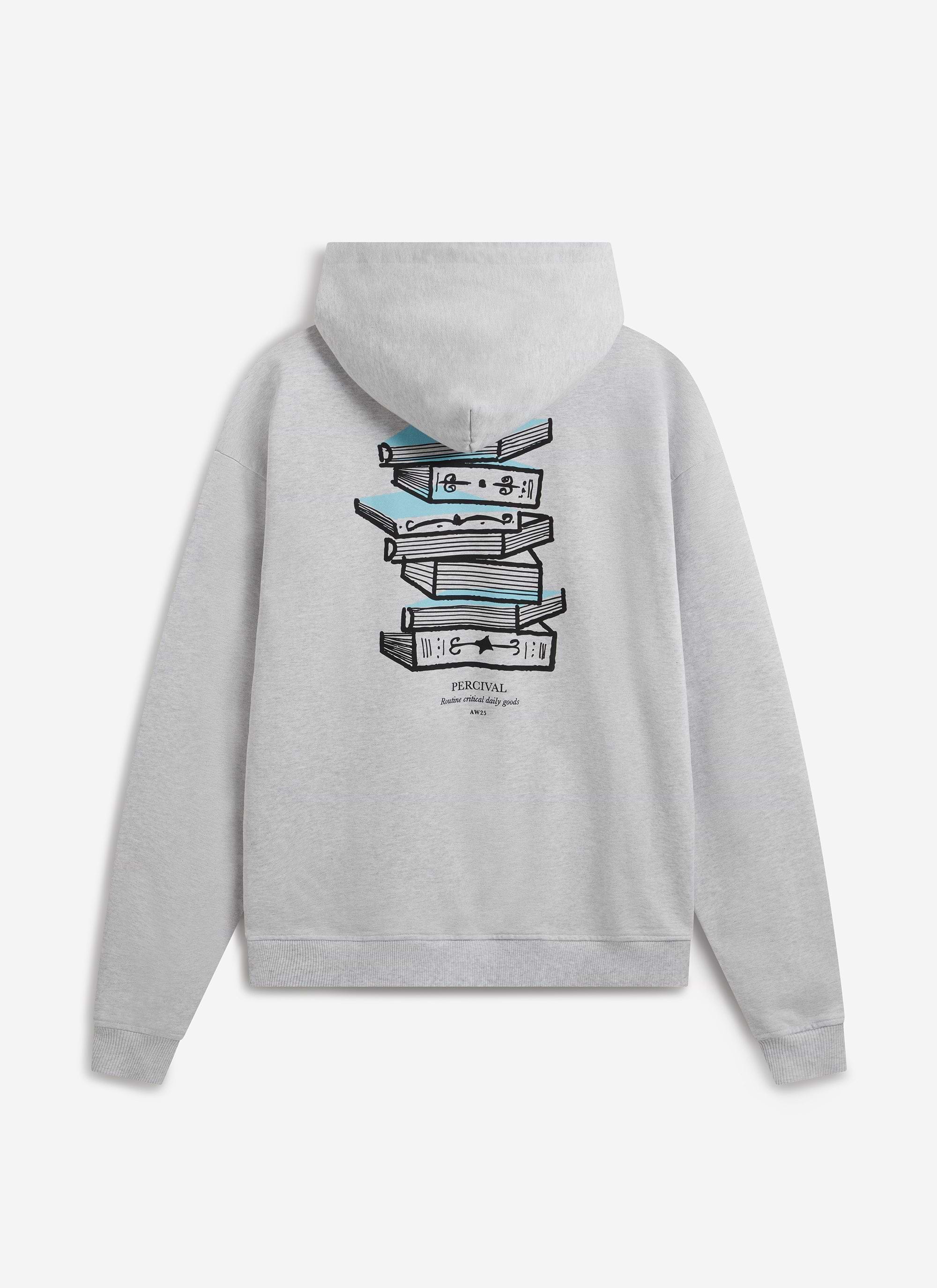 The back of the grey cotton Duke hoodie from Percival, showing the hand-drawn 'Routine Critical Daily Goods' book graphic.