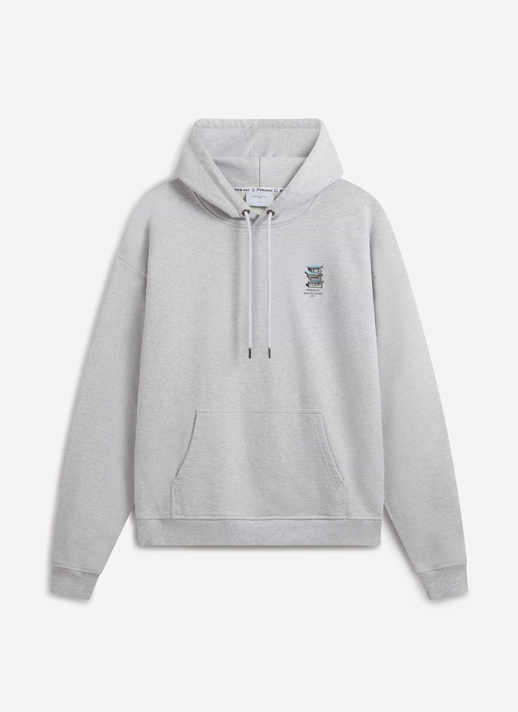 A flat lay image of the Percival Duke Hoodie in grey cotton, showing the front with its chest graphic and kangaroo pocket.