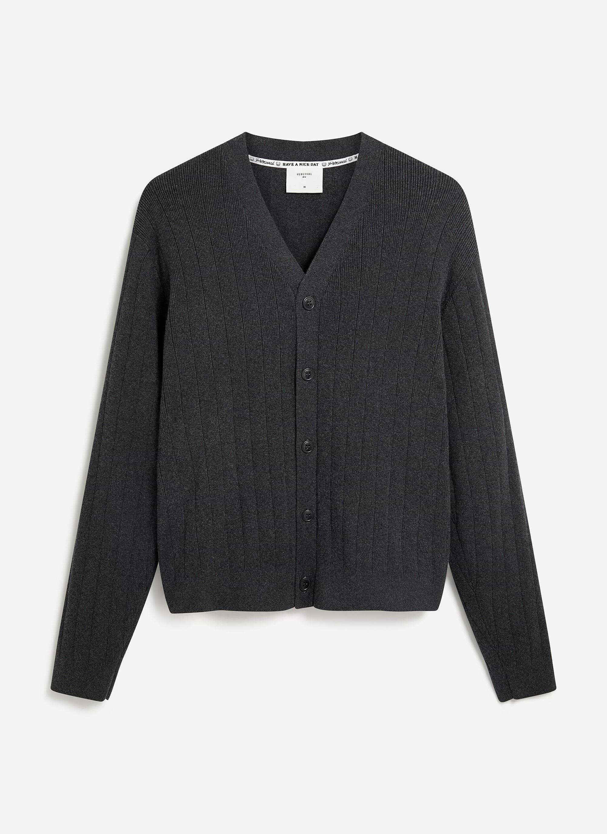 A product shot of the Percival Editor Cardigan in charcoal grey, showing the vertical ribbed knit of the cotton-wool blend.
