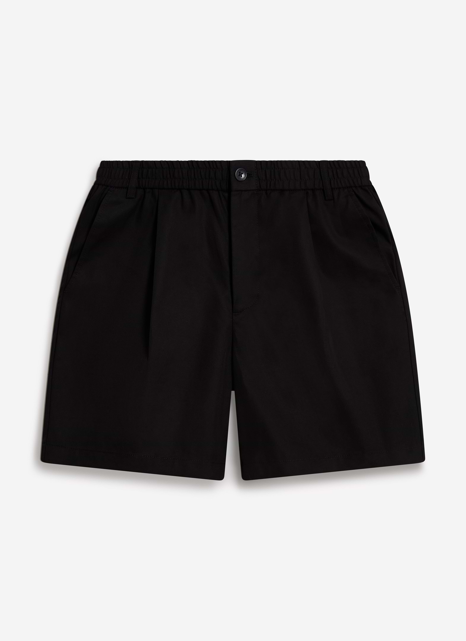 The Percival Enzo Tailored Shorts in black cotton, photographed flat from the front to show the single pleat detail.