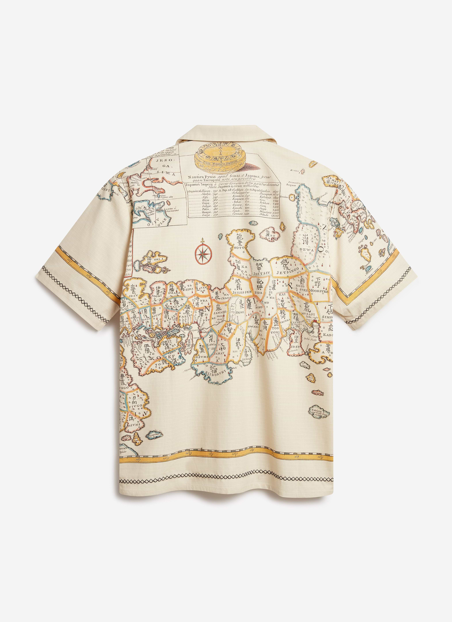 The back of the Percival Ex Libris Cuban Shirt in ecru, laid flat to display the intricate, vintage map-inspired artwork.