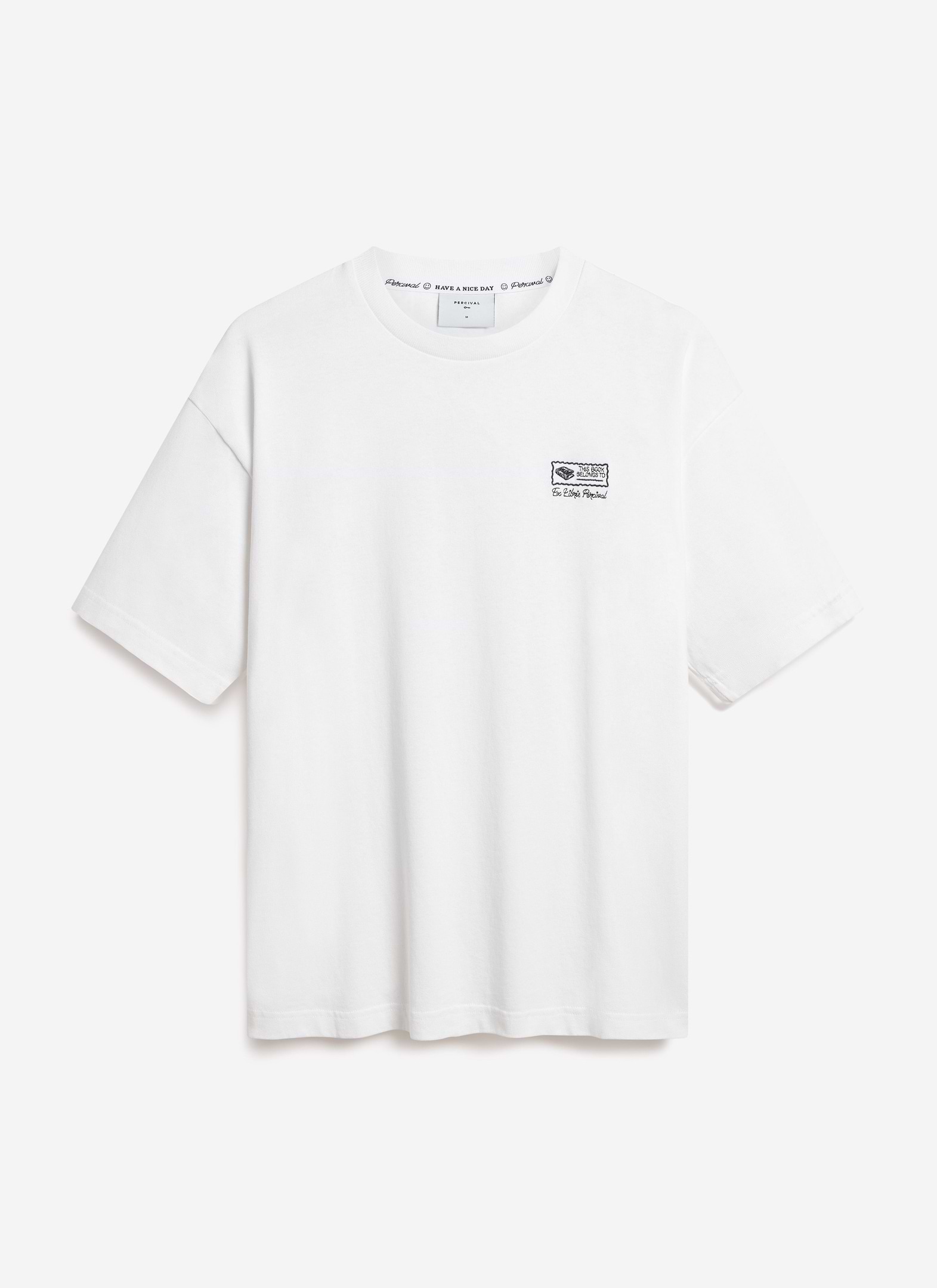 The white oversized Ex Libris t-shirt by Percival, laid flat against a white background to showcase the chest embroidery.