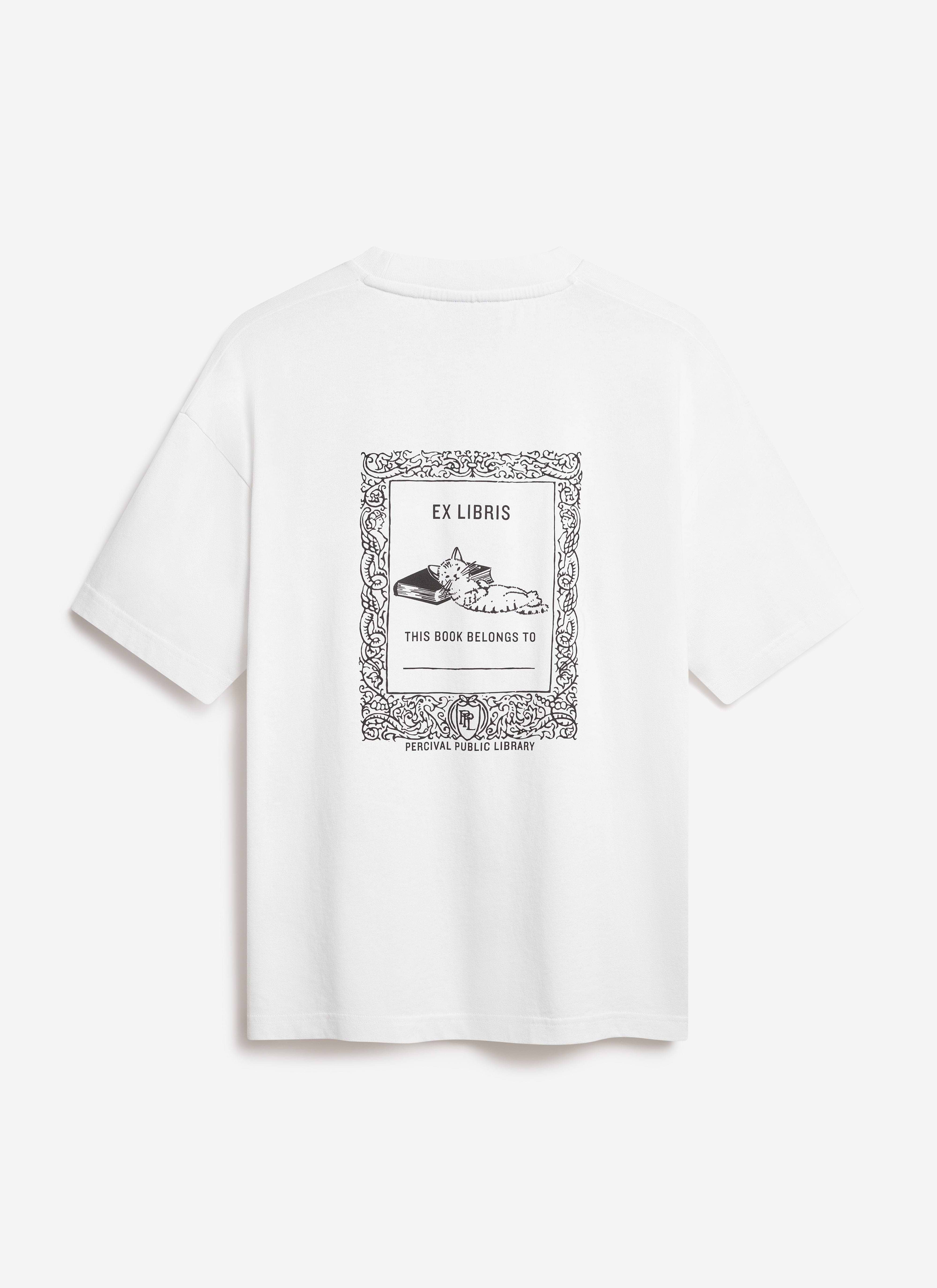 The back of the Percival Ex Libris oversized t-shirt in white, showing the bookplate style graphic with a cat illustration.
