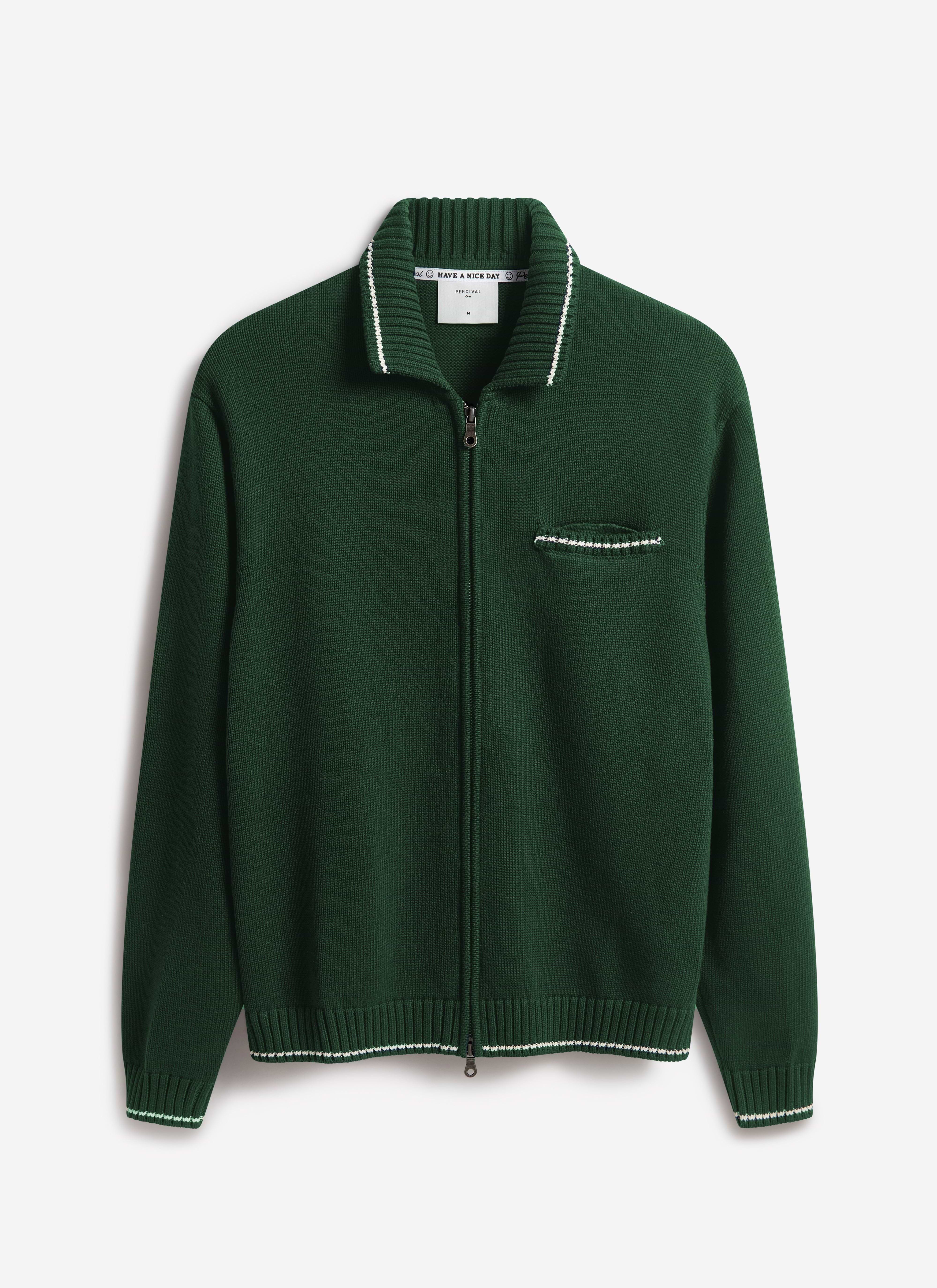 The Percival Gardner zip cardigan in forest green, a dense cotton knit with contrast stitching, against a white background.