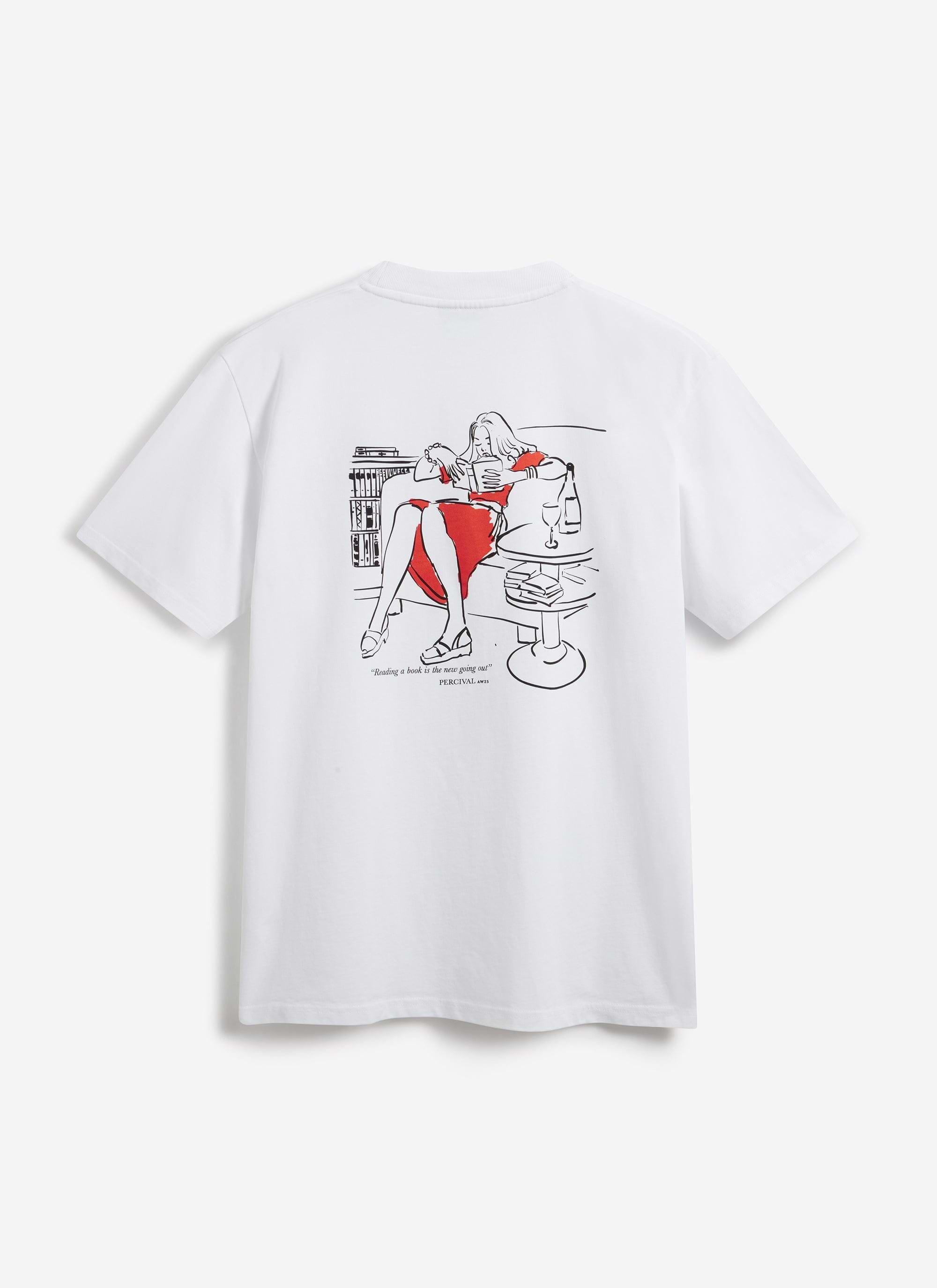 Back of the white Percival Greatest Bookshop t-shirt with its embroidered graphic of a woman reading.
