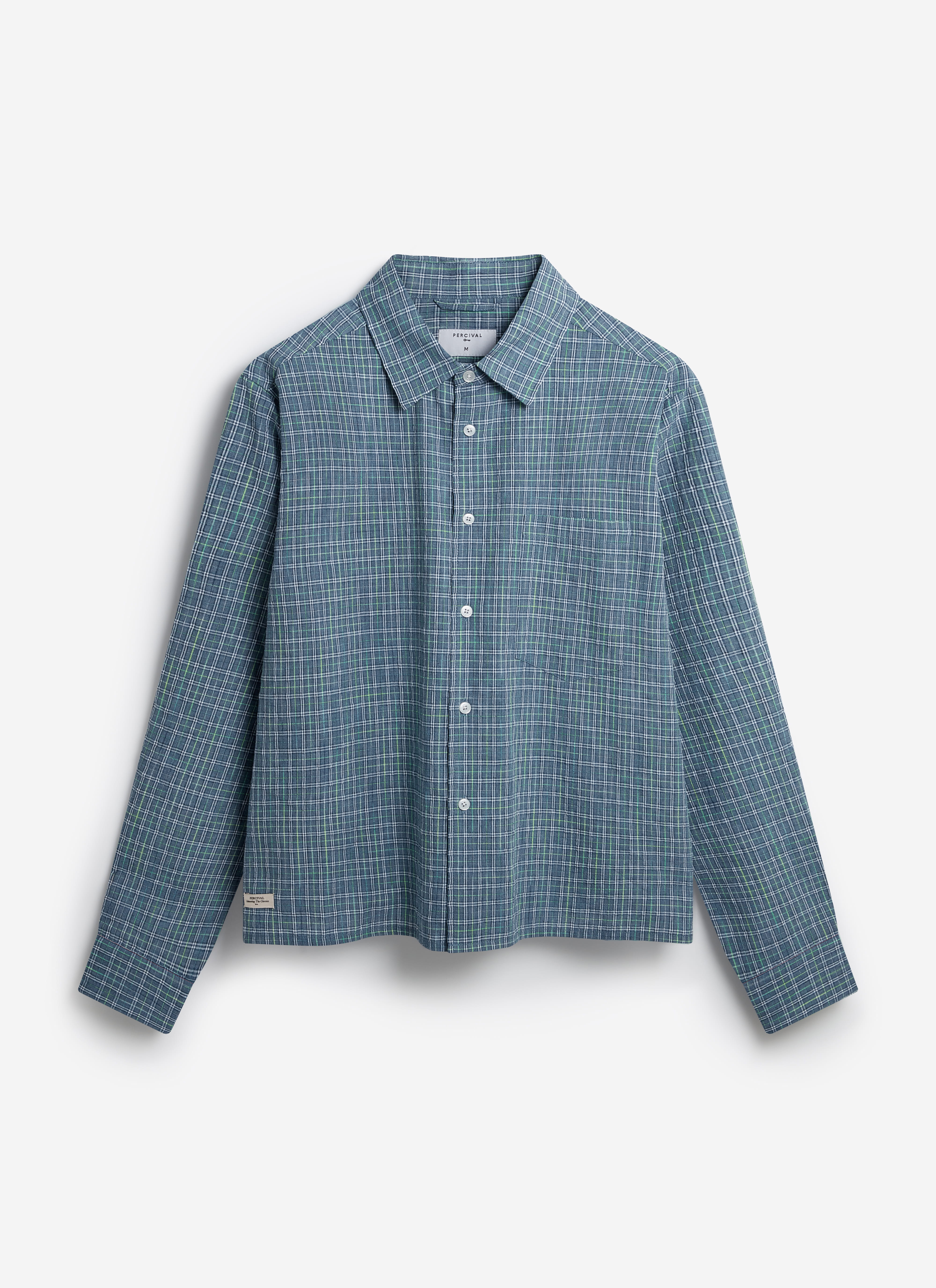 The Percival Hinsley blue checked cotton shirt, featuring a boxy cropped silhouette, long sleeves and white button front.