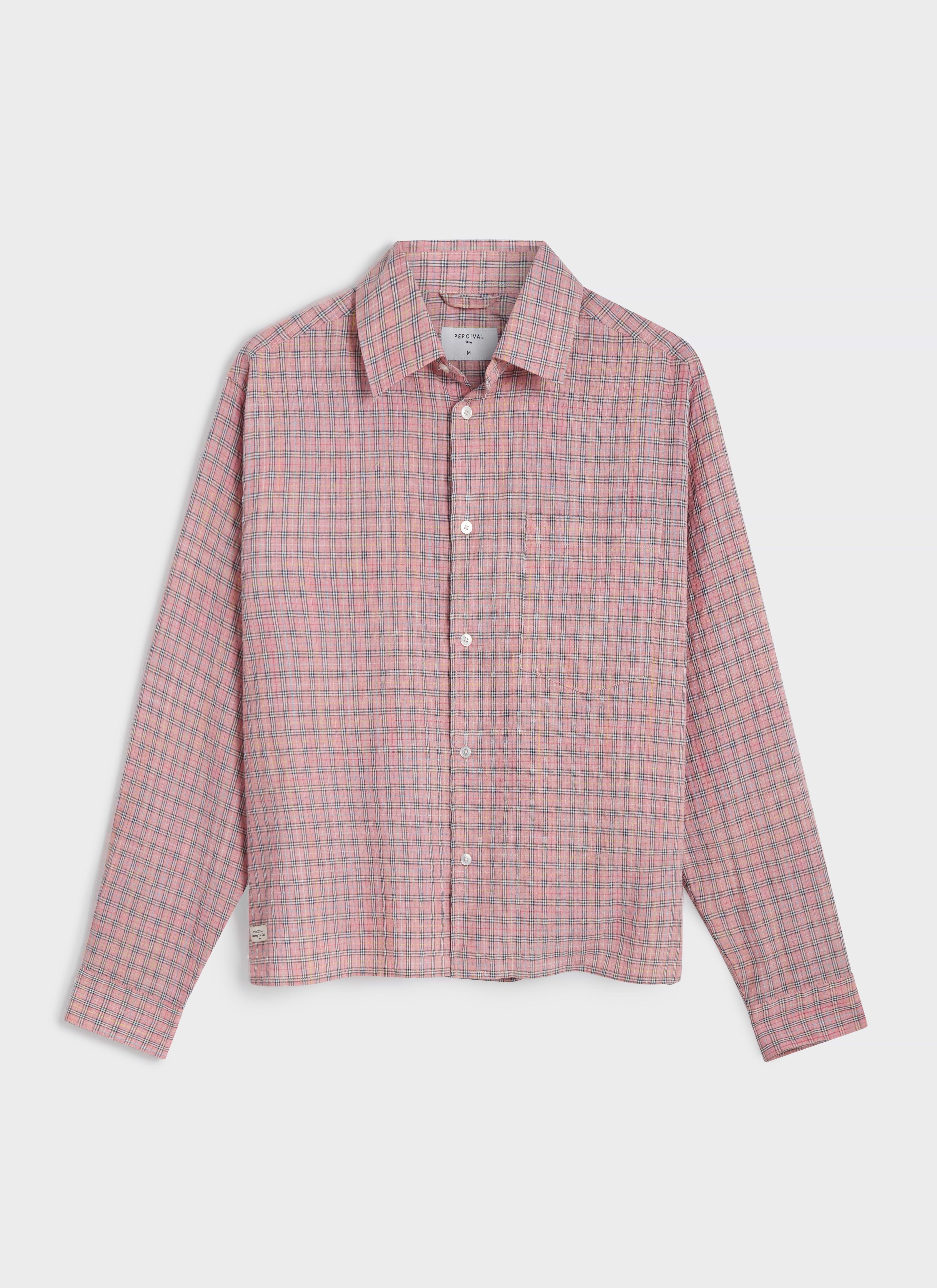 A flat lay of the Percival Hinsley Checked Boxy Shirt in pink cotton blend, featuring a classic grid plaid pattern.