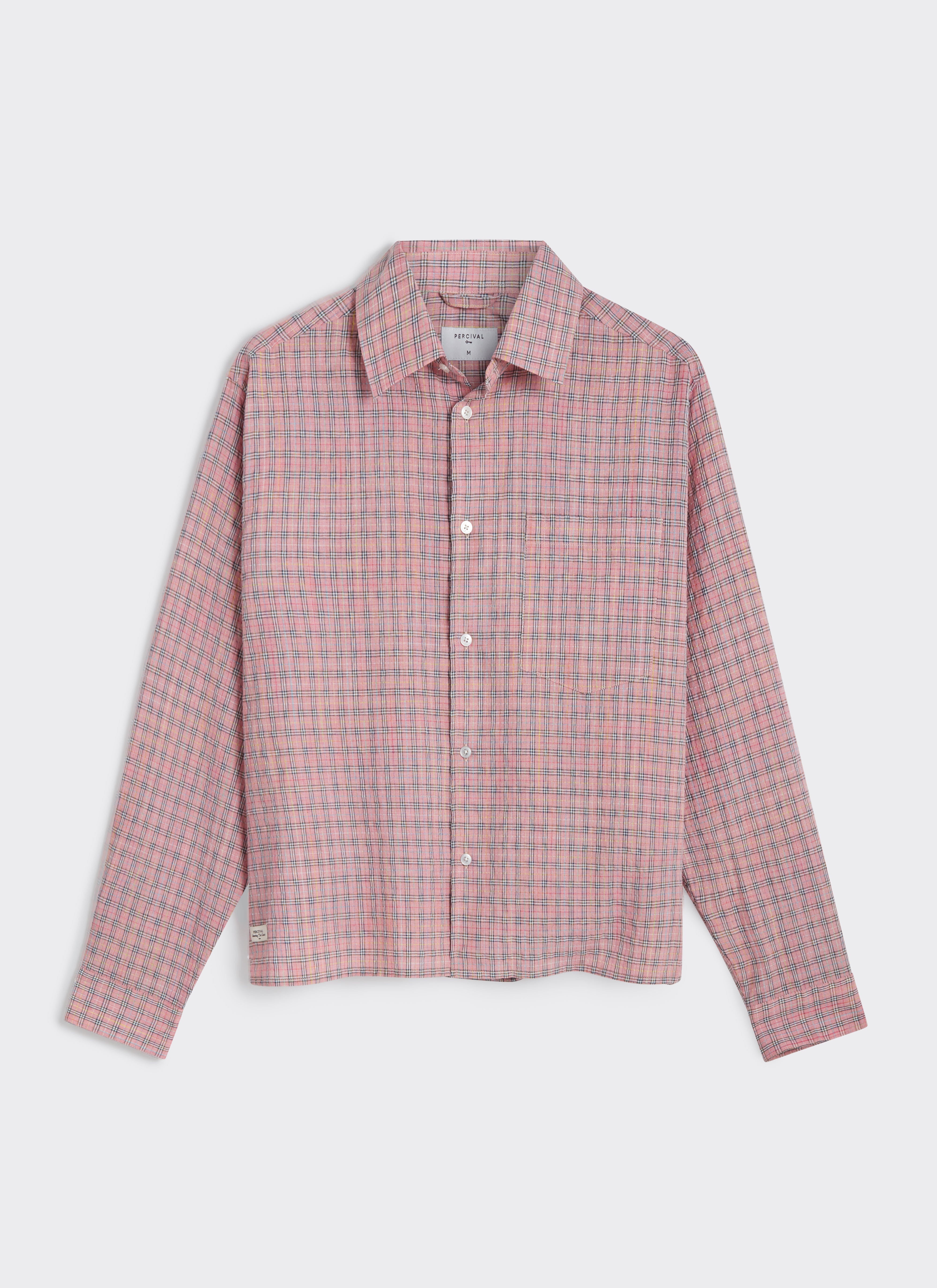 A flat lay of the Percival Hinsley Checked Boxy Shirt in pink cotton blend, featuring a classic grid plaid pattern.