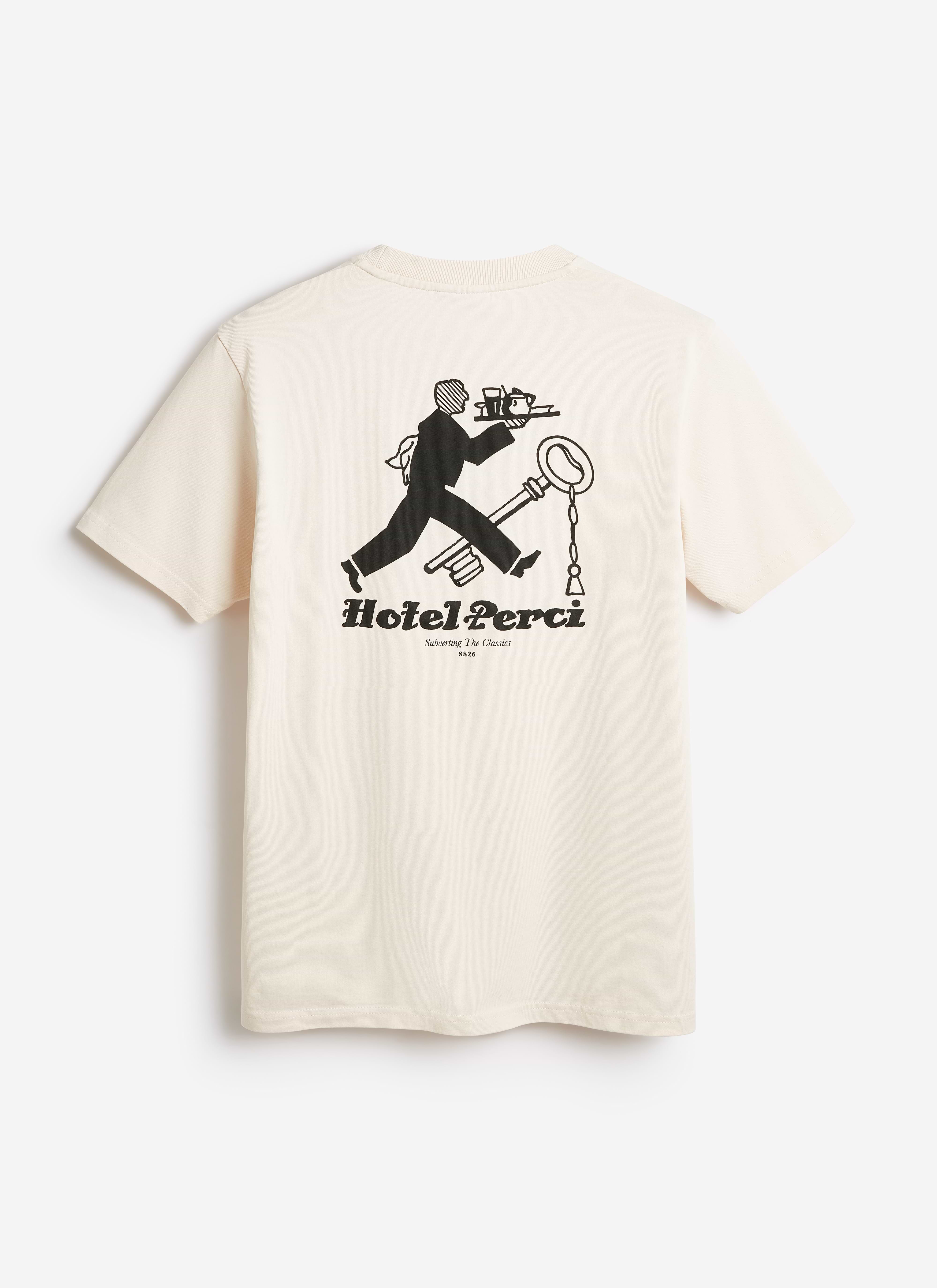 Back of the Percival Hotel T-shirt in ecru, featuring a black hand-illustrated porter graphic on organic cotton.