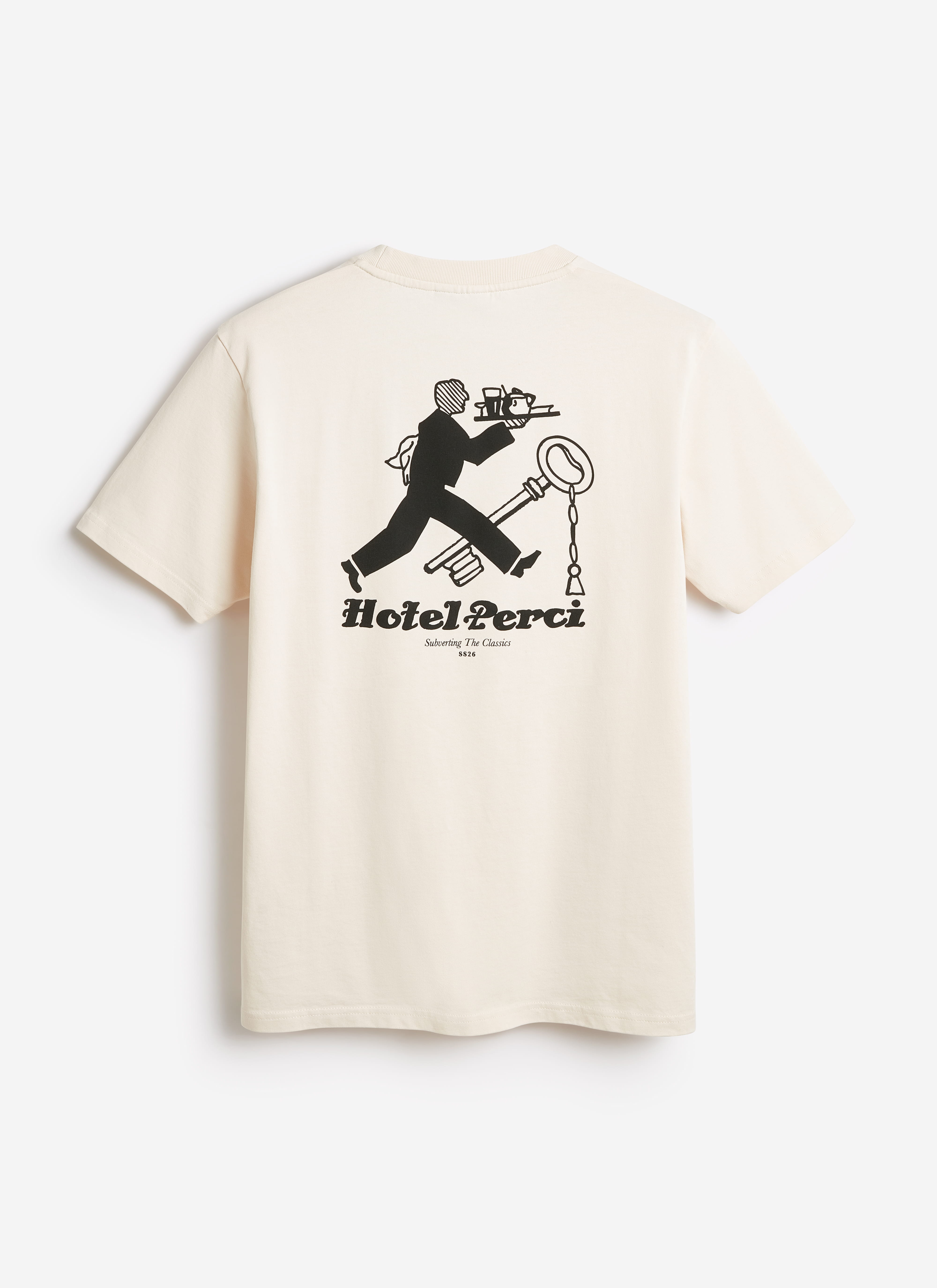 Back of the Percival Hotel T-shirt in ecru, featuring a black hand-illustrated porter graphic on organic cotton.