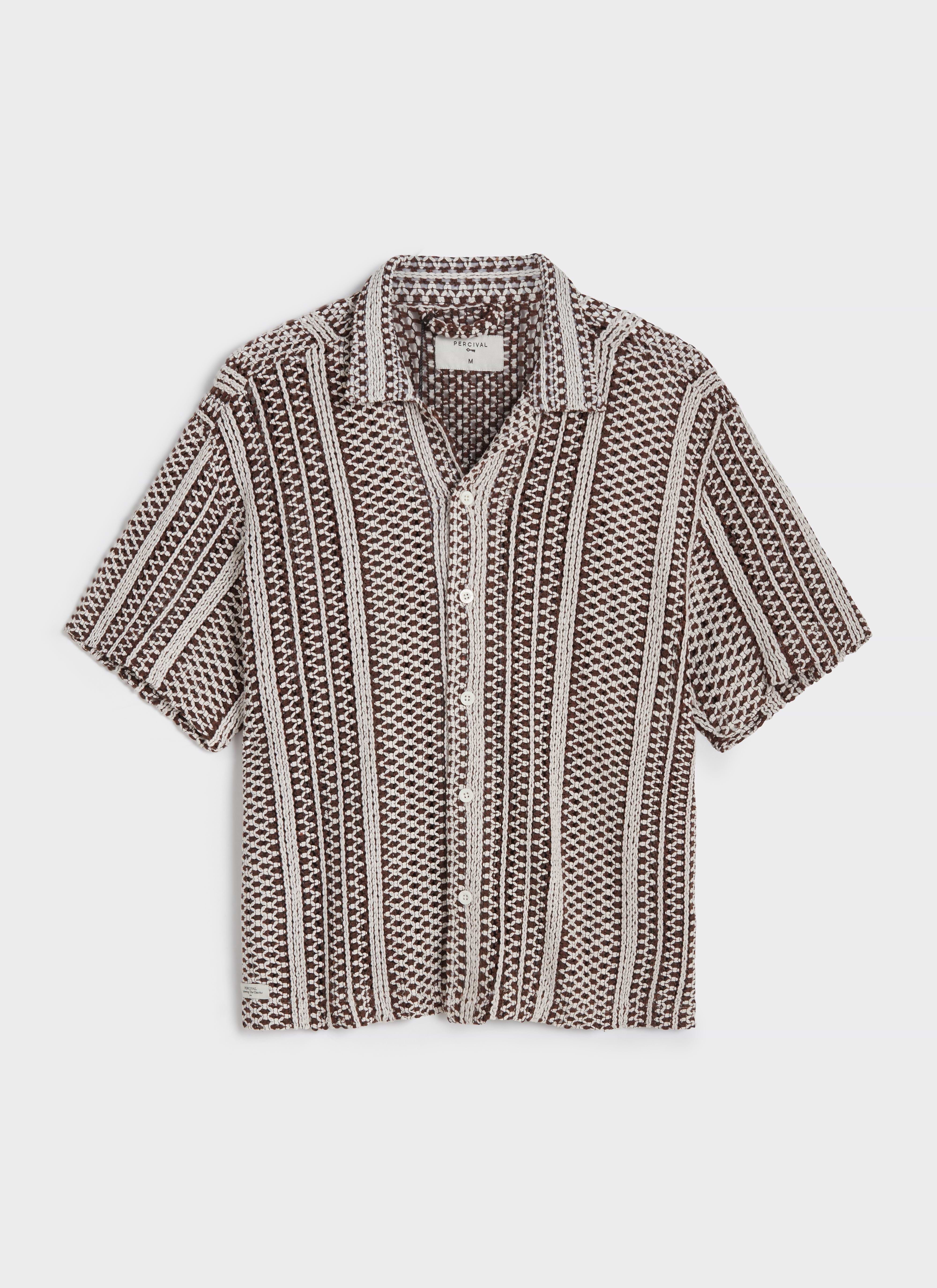 The Percival Hugh Crochet Boxy Shirt in brown and cream, featuring vertical stripes, a boxy fit and a Cuban collar.
