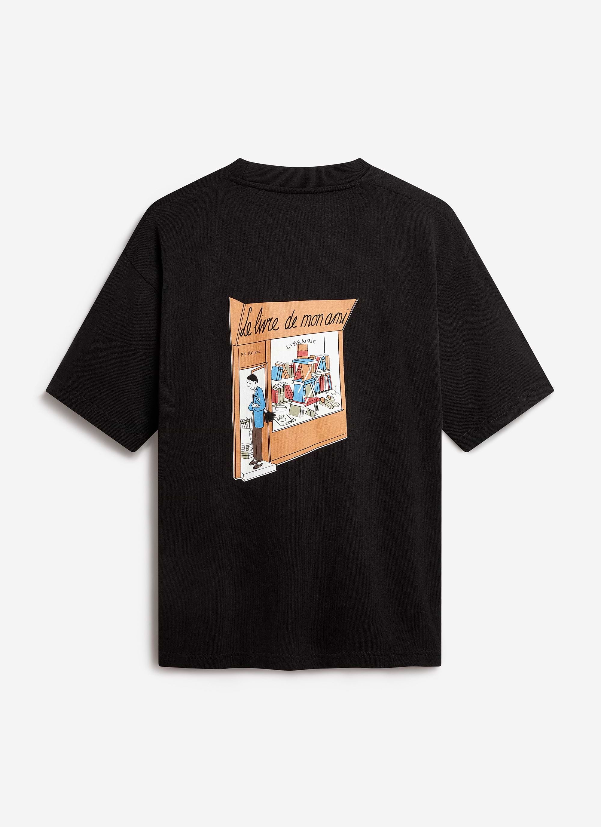 The back of the black Percival 'Le Livre De Mon Ami' oversized t-shirt with its colourful, illustrated bookshop graphic.