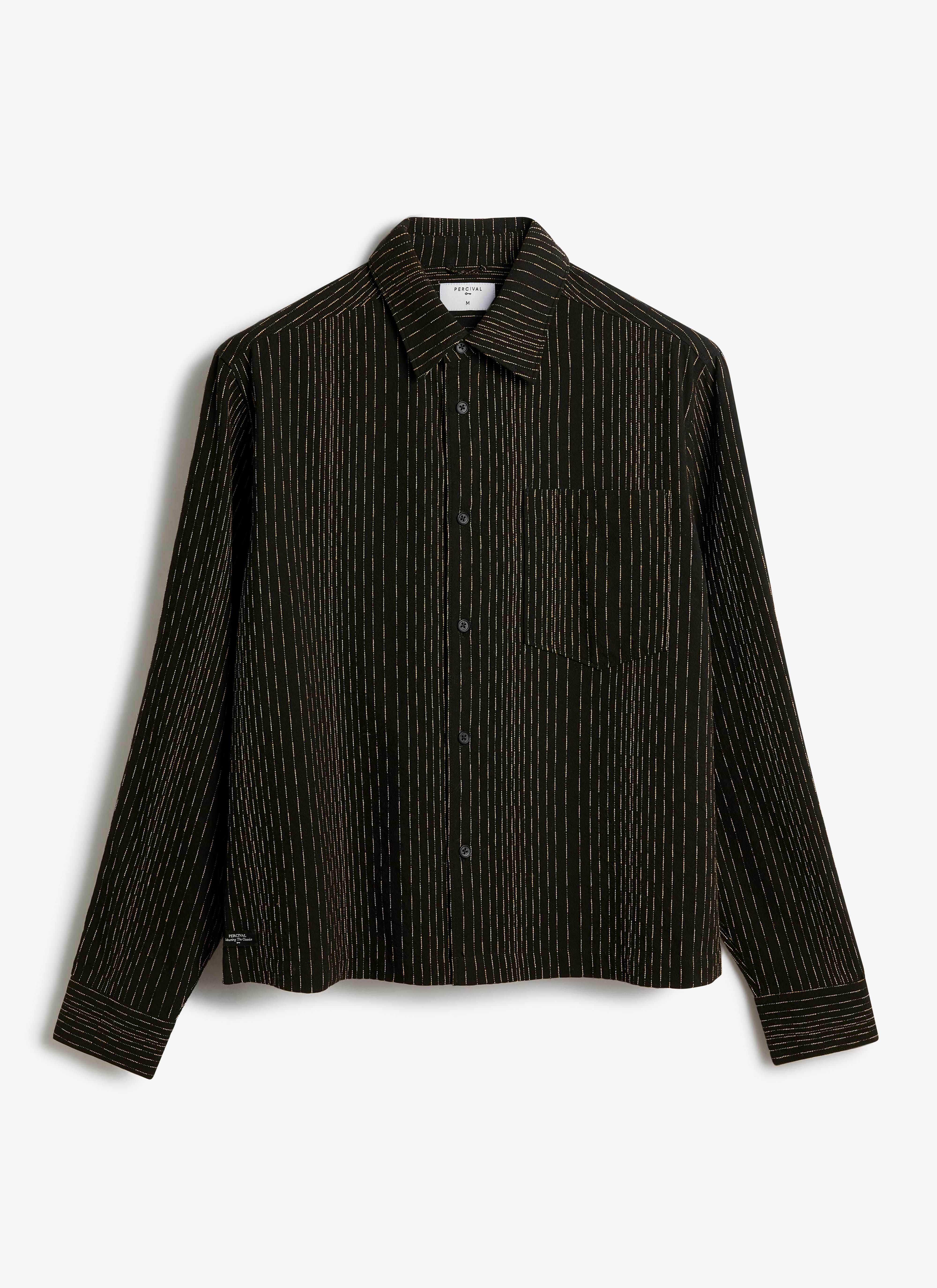 Black cotton Percival Leland Cuban boxy long sleeve shirt with a subtle tan vertical pinstripe texture.