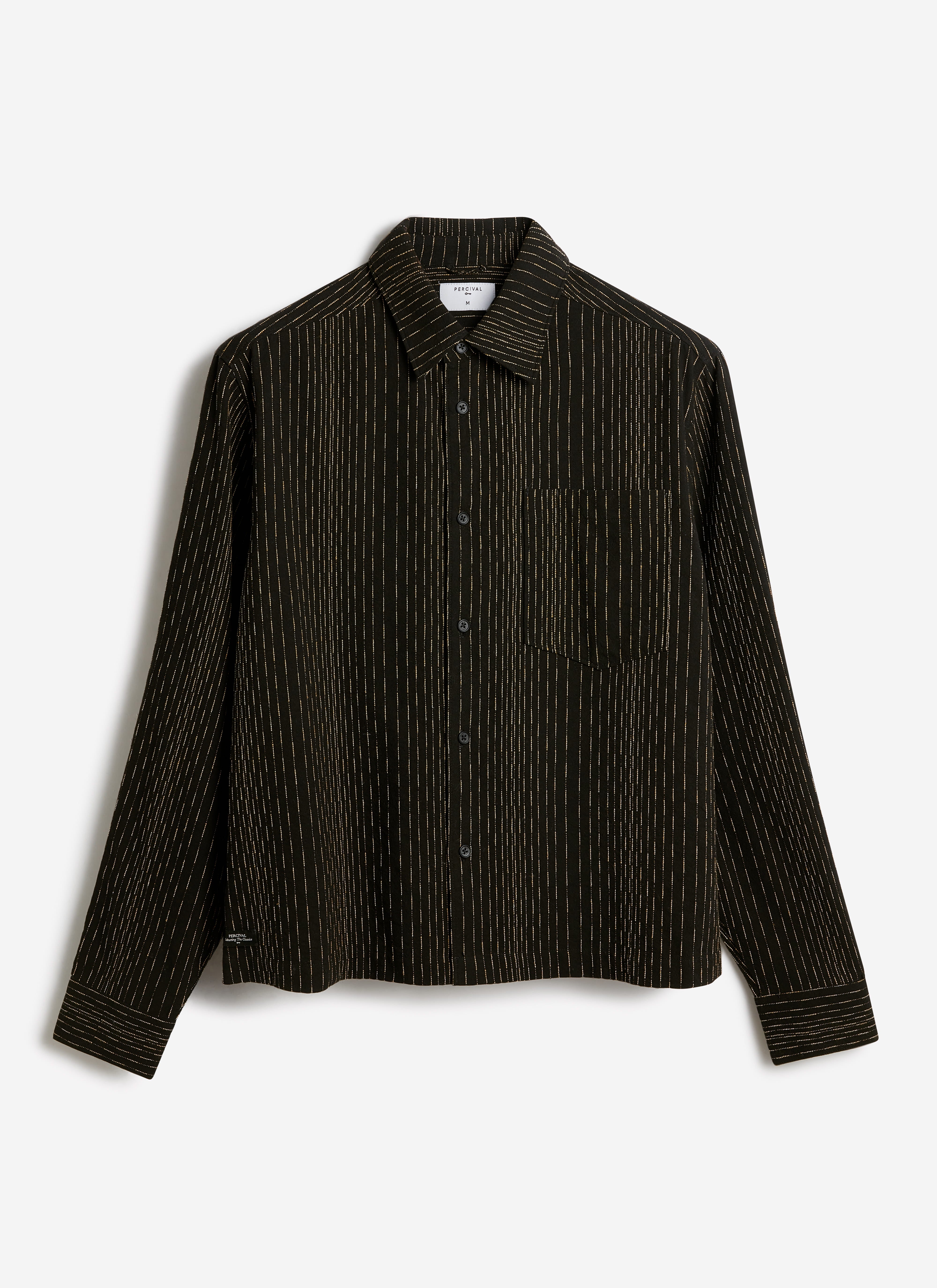 Black cotton Percival Leland Cuban boxy long sleeve shirt with a subtle tan vertical pinstripe texture.