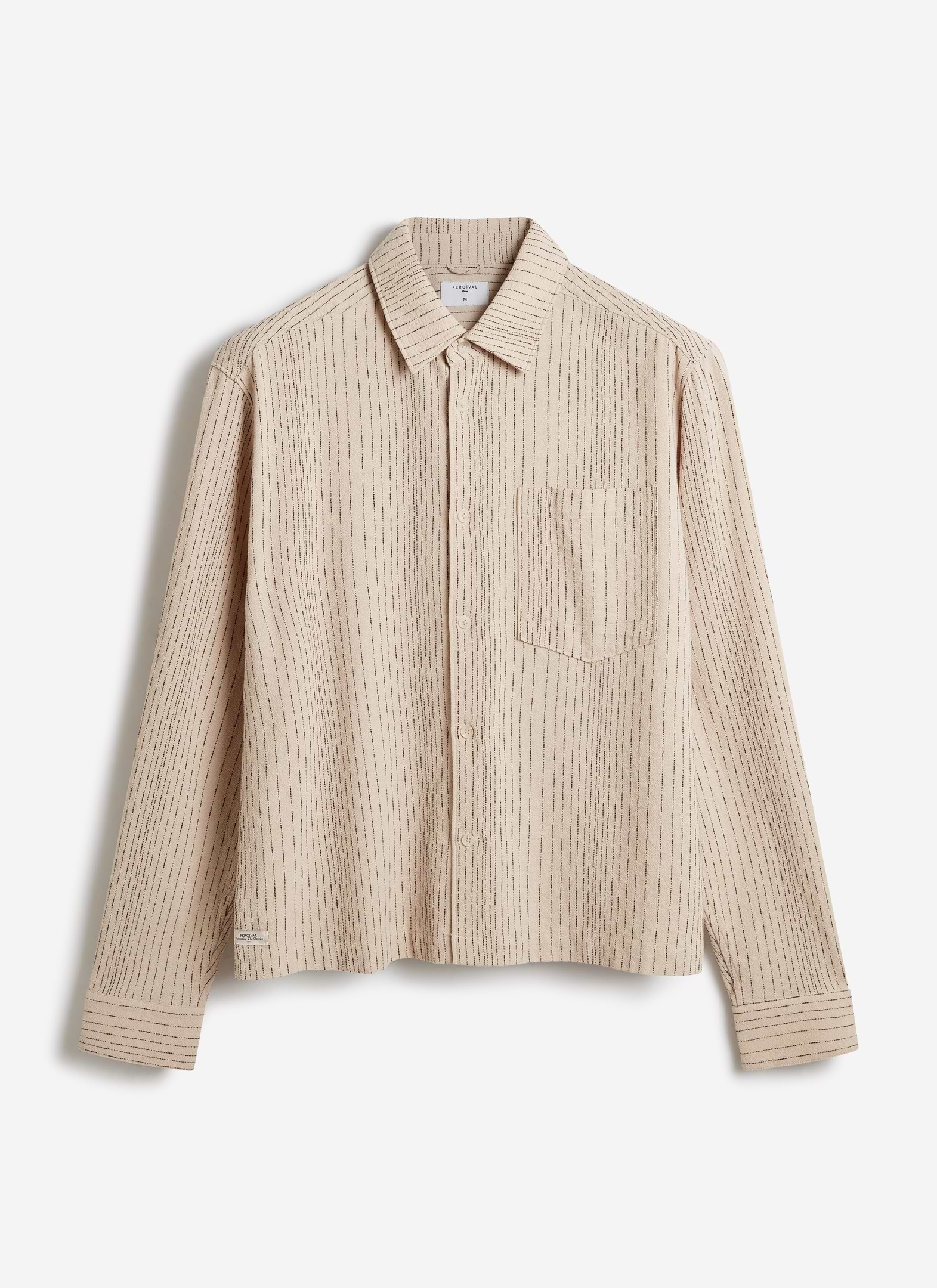 Percival Leland Cuban Boxy Long Sleeve Shirt in ecru cotton, featuring a vertical stripe texture and chest pocket.