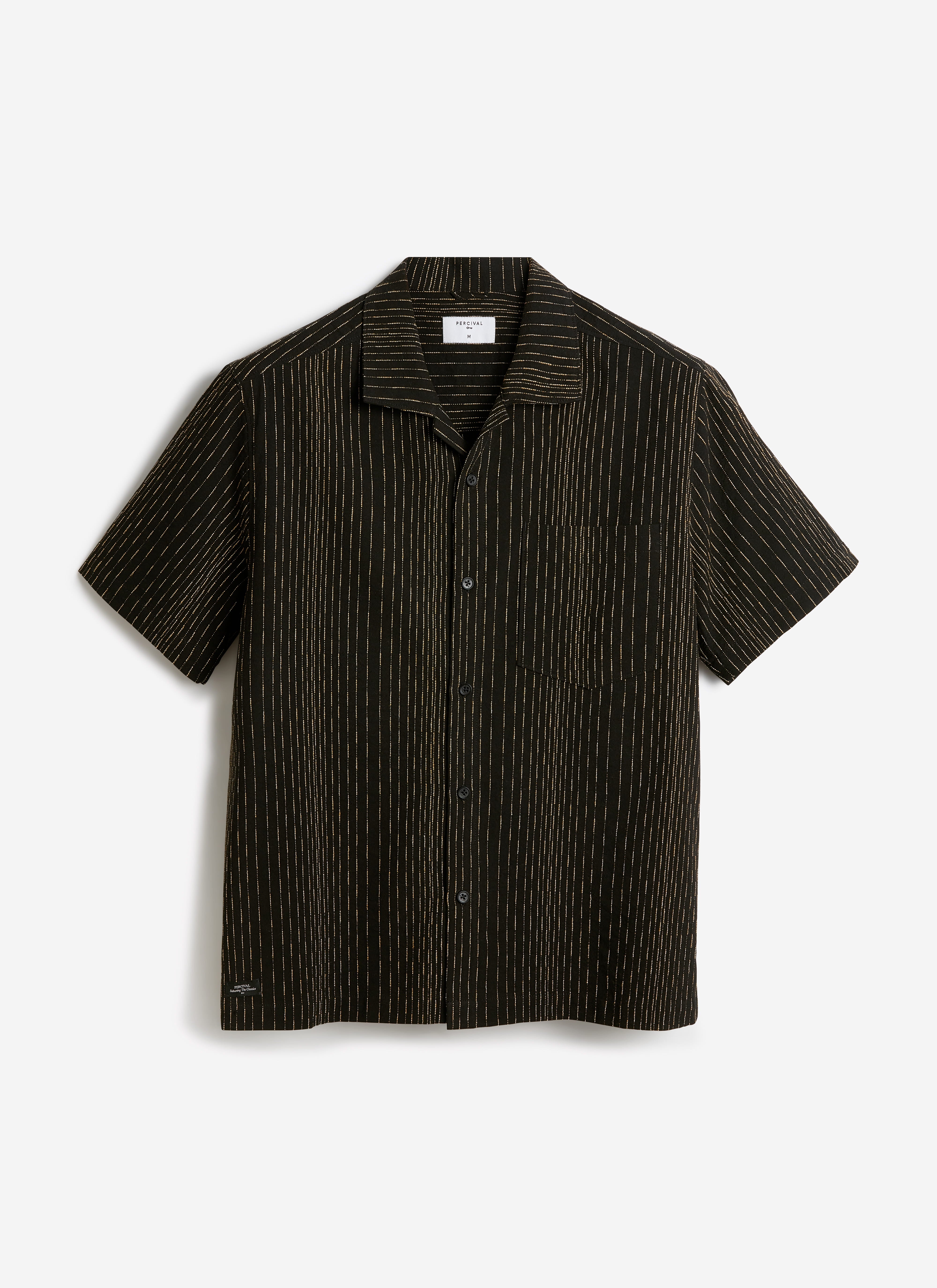 Black cotton Percival Leland Cuban shirt in a front view, featuring vertical stripe detailing and a chest pocket.