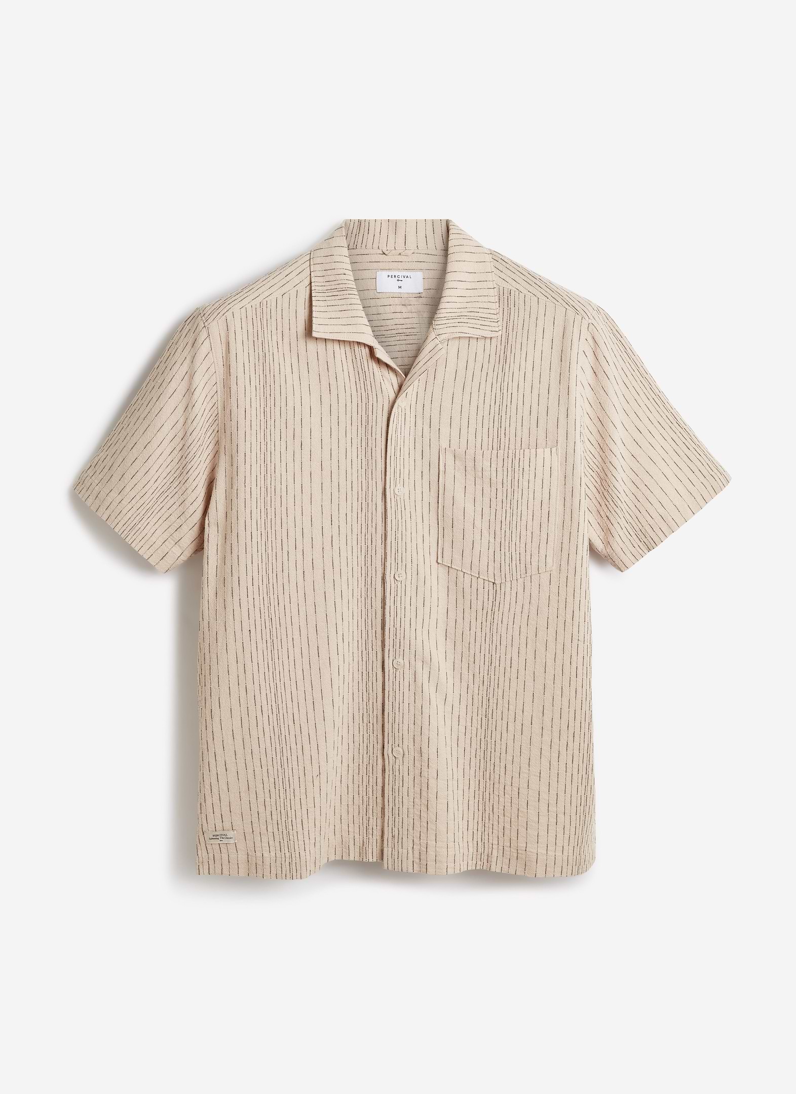 Percival Leland Cuban collar shirt in breathable cream cotton with a textured vertical stripe and chest pocket.