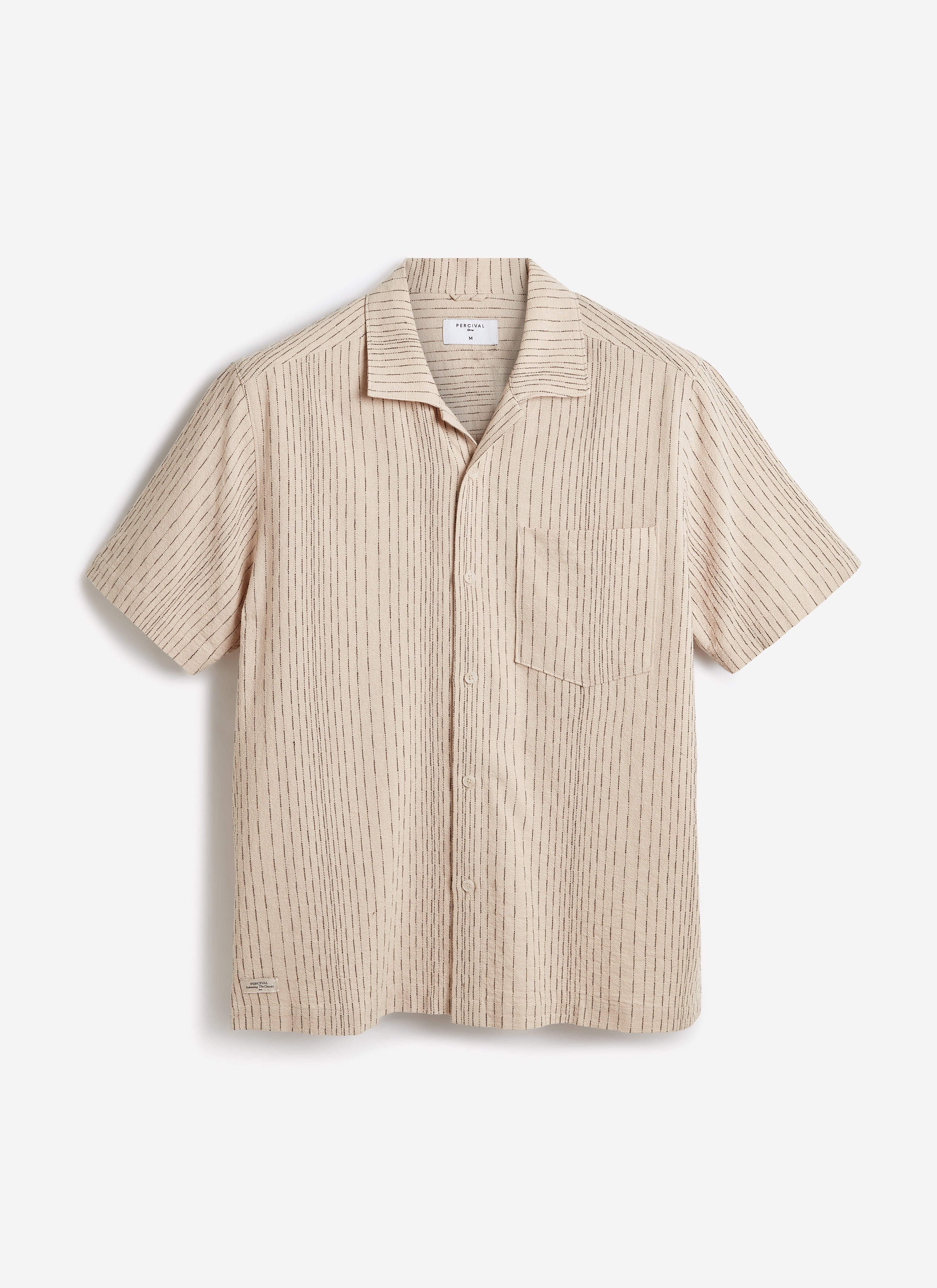 Percival Leland Cuban collar shirt in breathable cream cotton with a textured vertical stripe and chest pocket.