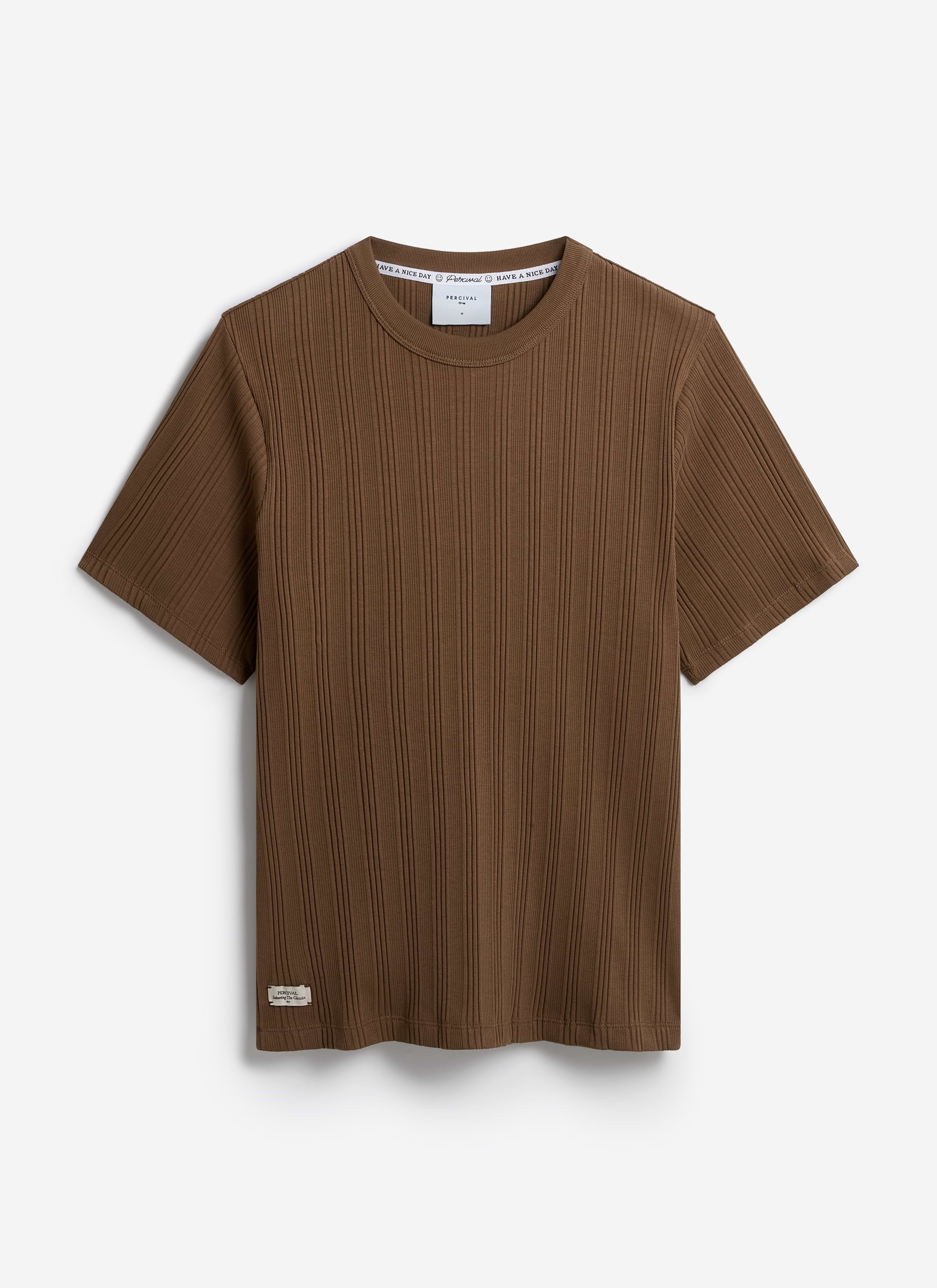Percival Leon slim ribbed T-shirt in espresso brown organic cotton, showing the vertical texture and classic crew neck.