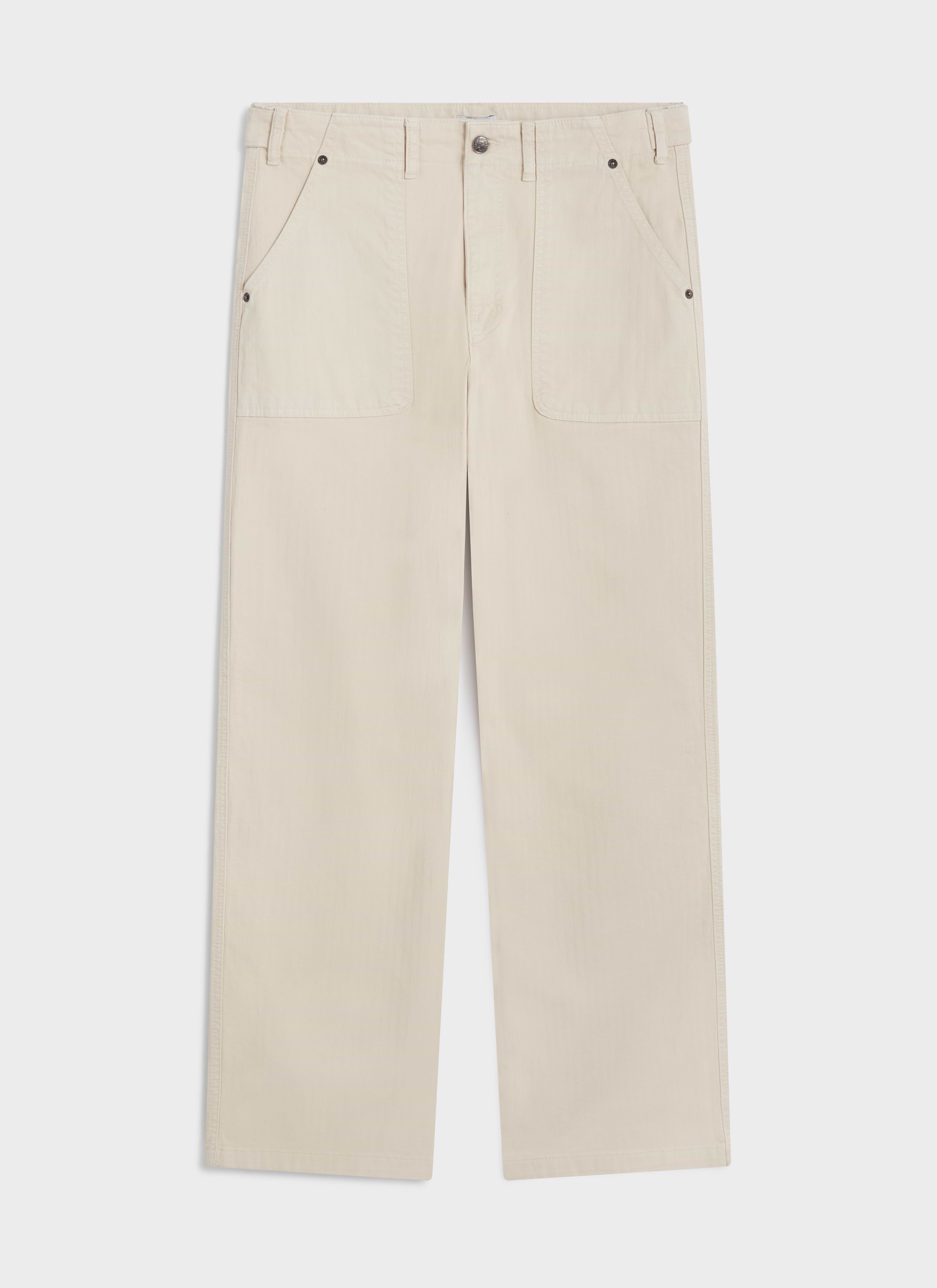 Front view of Percival Lungo Herringbone Straight Trousers in ecru cotton, featuring large front patch pockets.