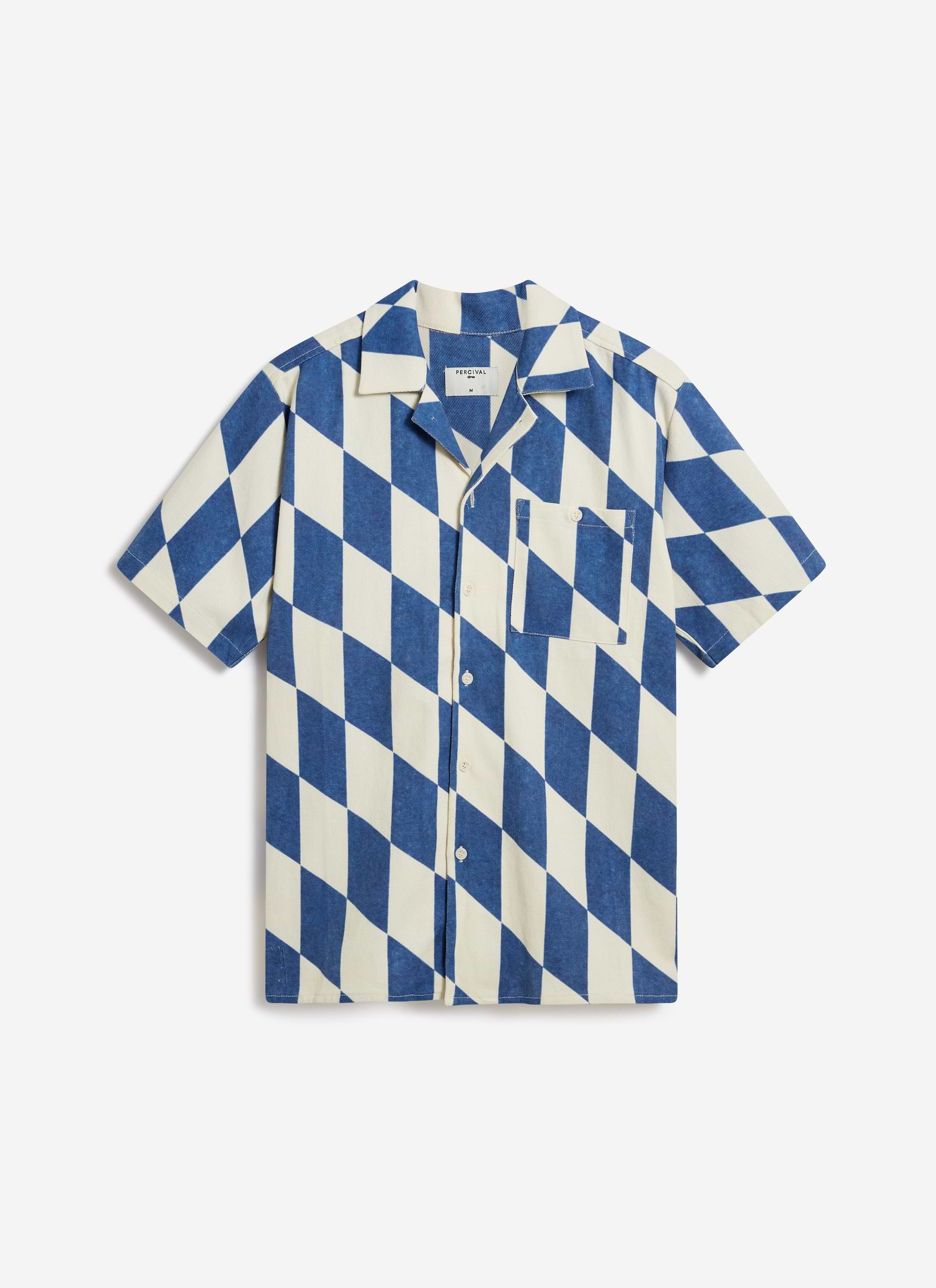 Percival short sleeve Cuban shirt in ecru and navy cotton with a bold diamond print.