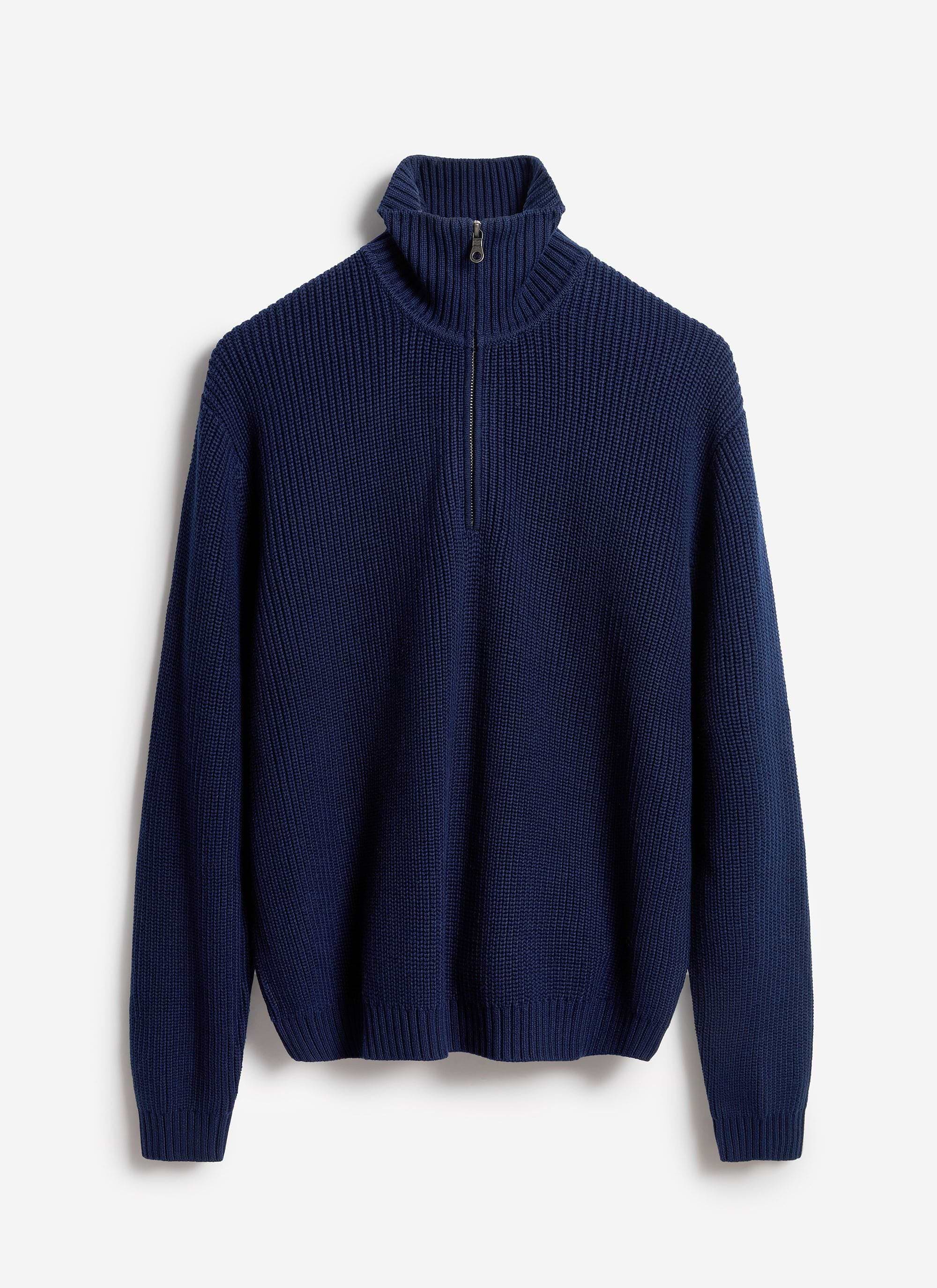 The Percival Meyer Quarter Zip Fisherman jumper in navy blue cotton, a chunky ribbed knit with a high zip neck.