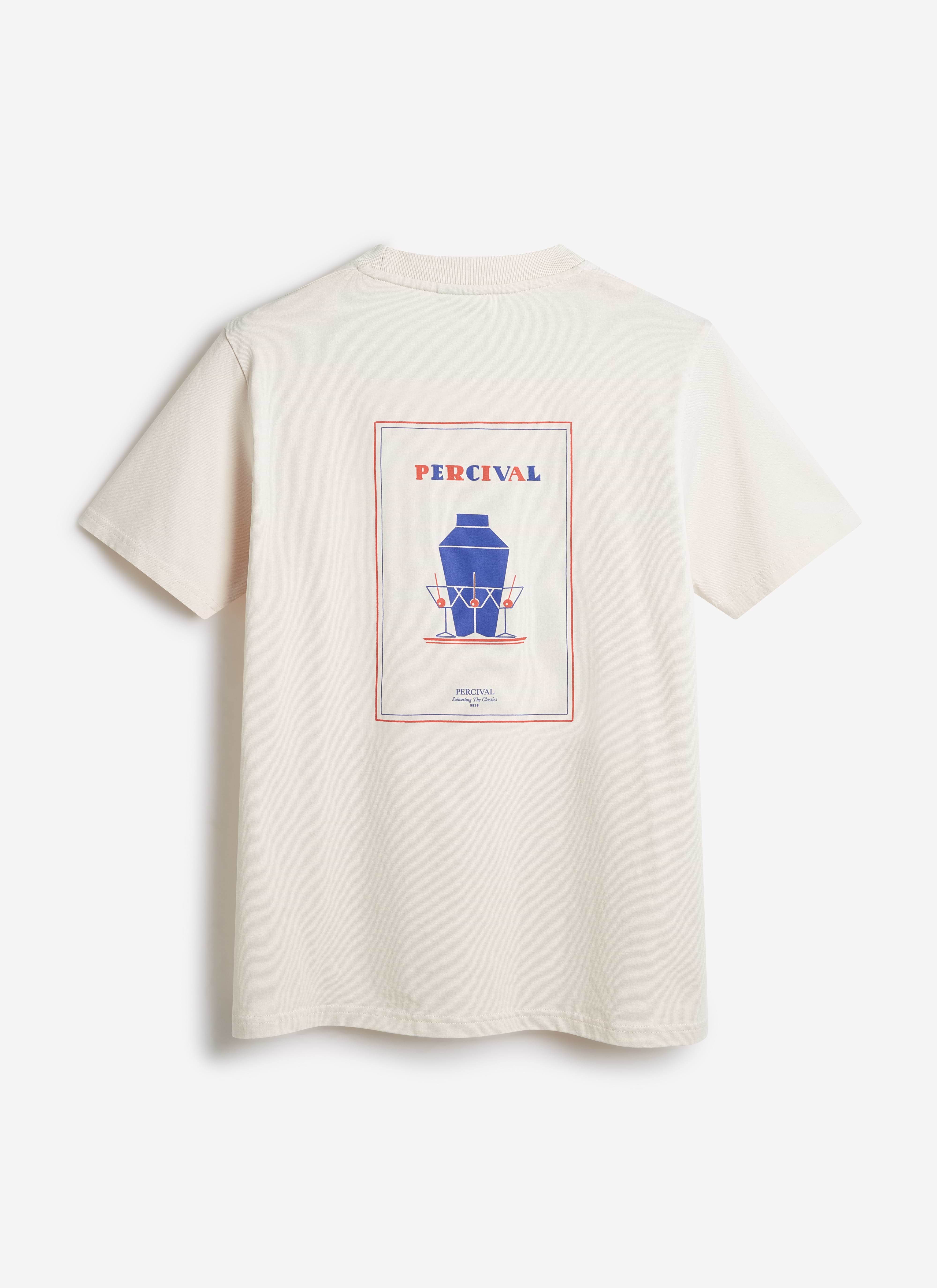 Back of the ecru organic cotton Percival Mixologist Martini T Shirt, showing the blue cocktail shaker graphic print.