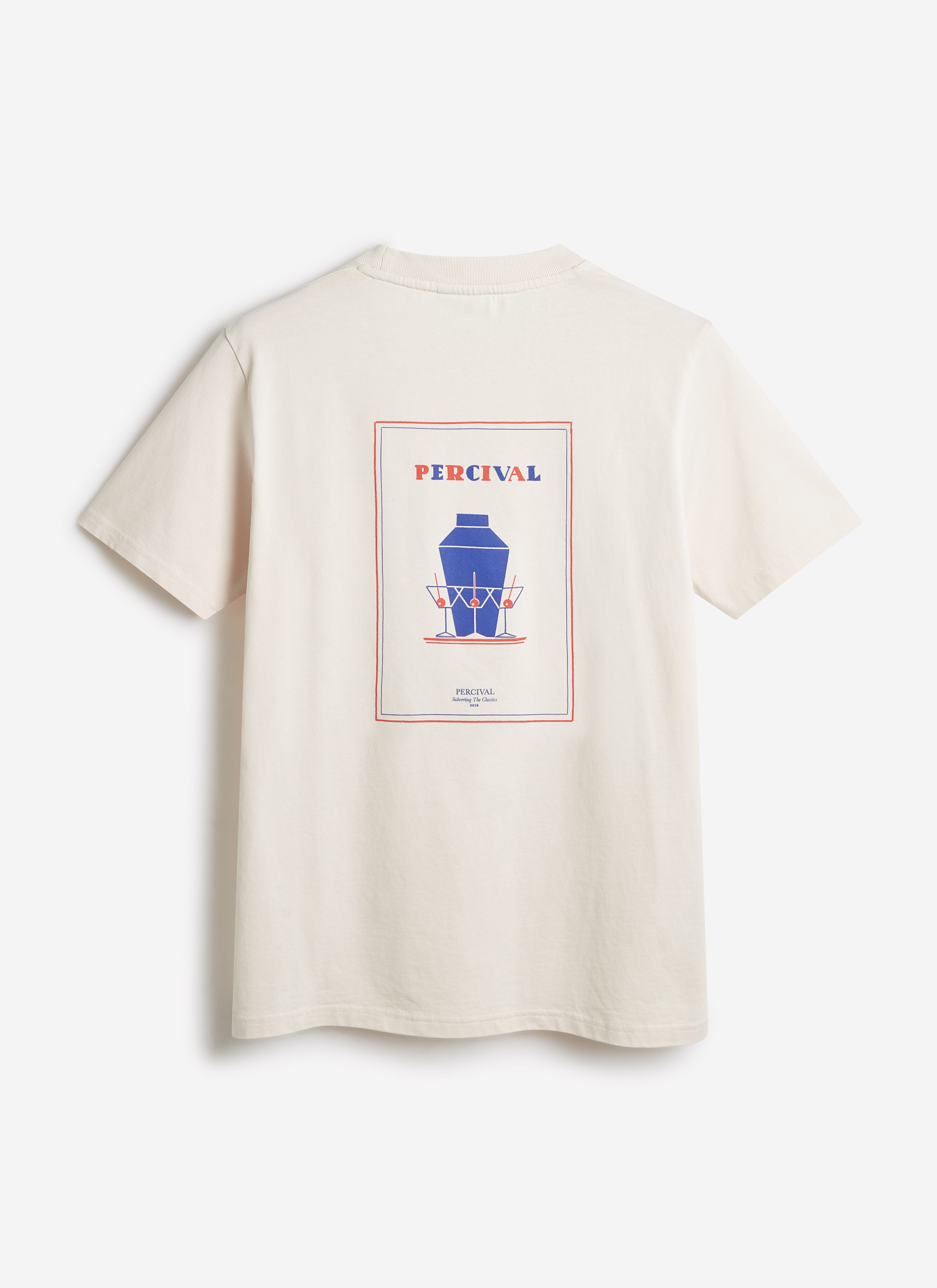 Back of the ecru organic cotton Percival Mixologist Martini T Shirt, showing the blue cocktail shaker graphic print.