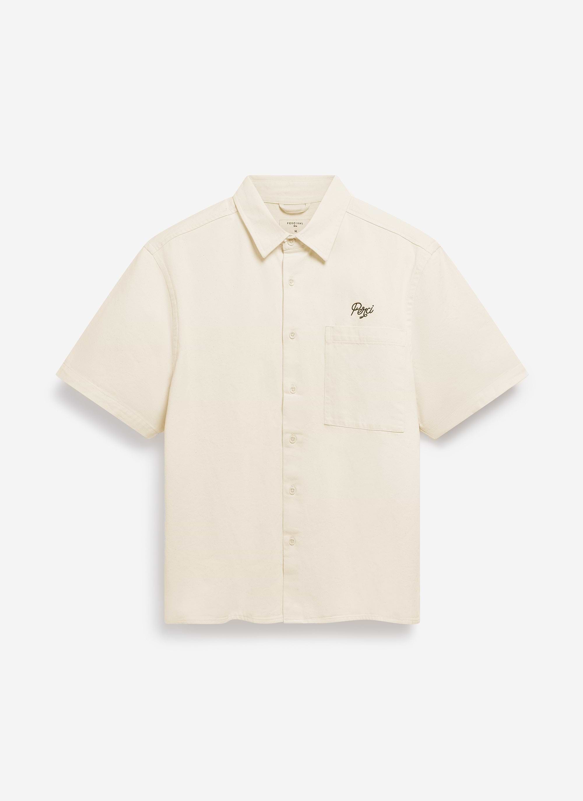 Front view of the Percival Olive Embroidered Cropped Shirt in white, featuring the 'Perci' embroidery on the chest pocket.
