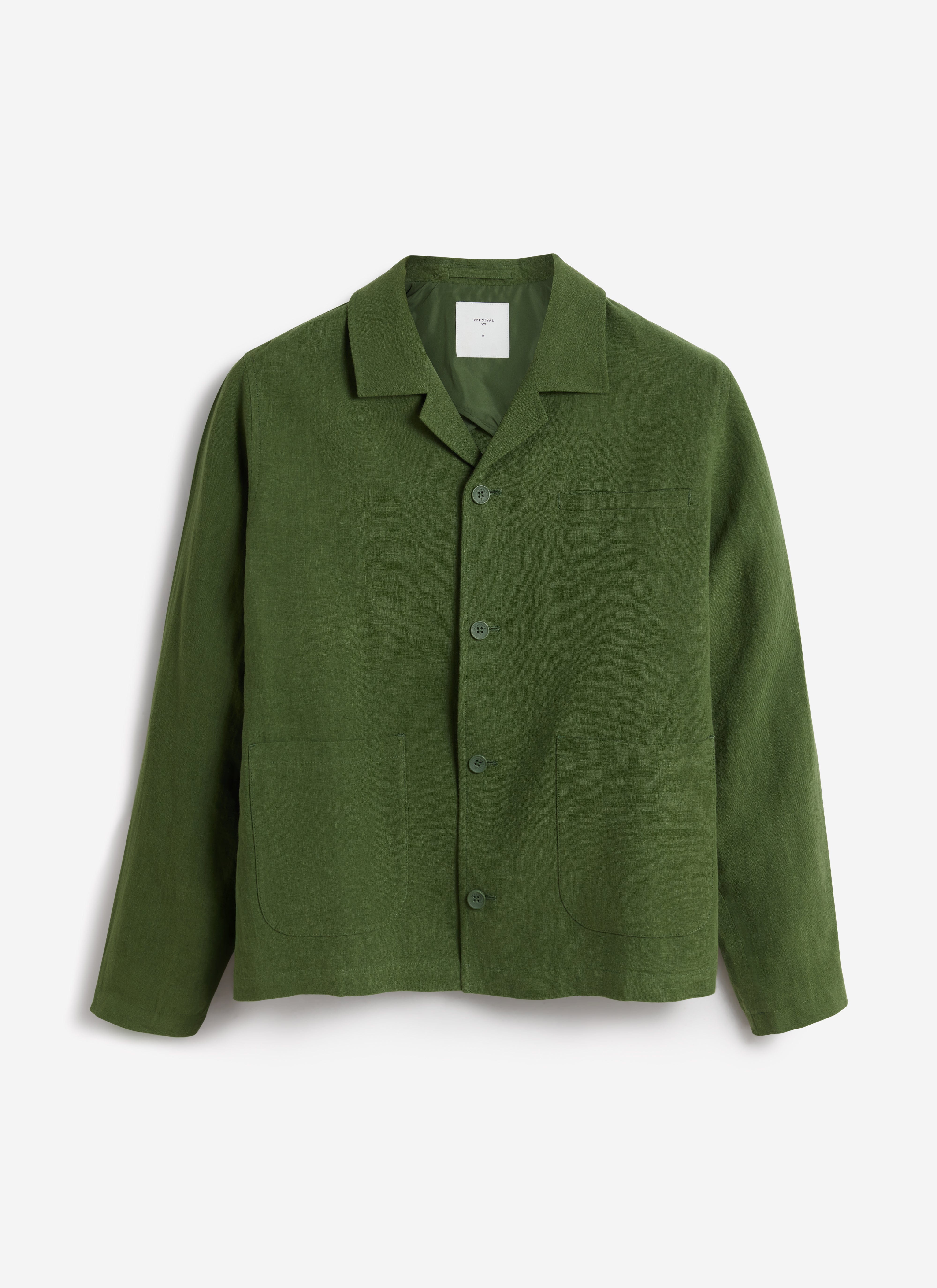 A flat lay studio shot of the Percival Linen Overshirt in forest green, highlighting its button-down front and pockets.