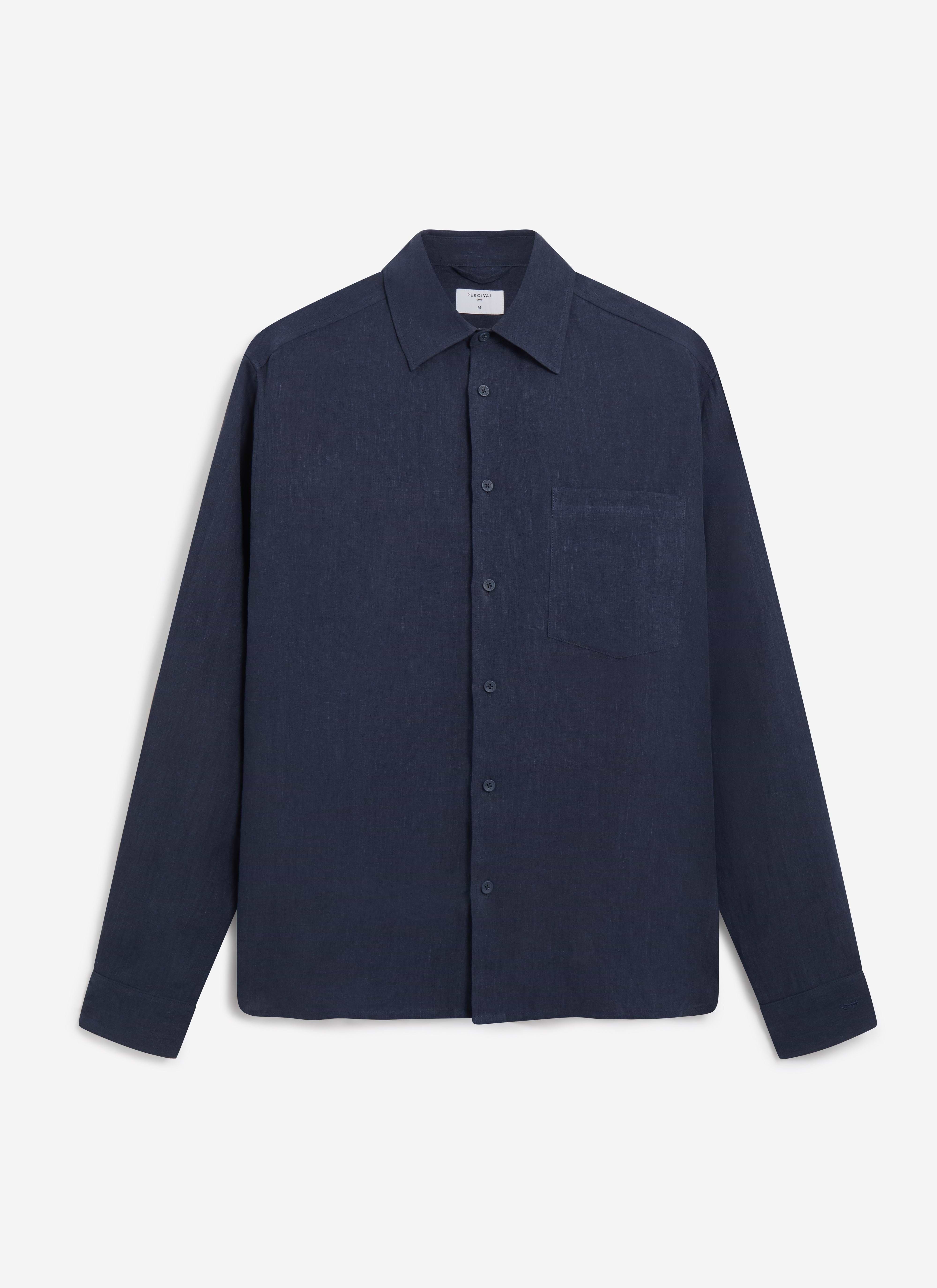 The Percival Pearce Shirt in navy linen, an oversized long-sleeve style, photographed flat against a white background.