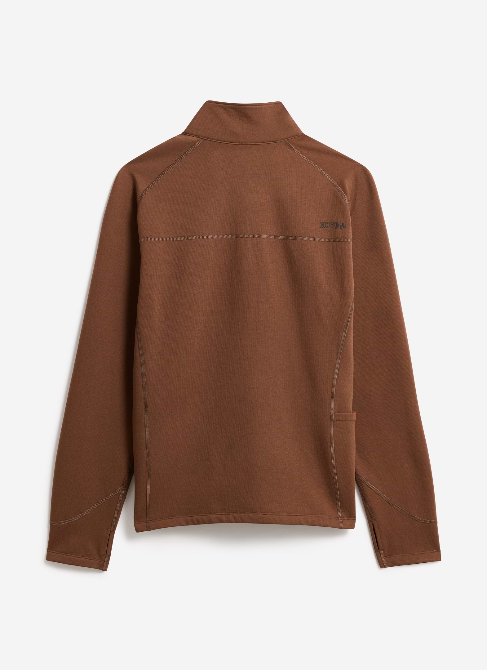 A flat lay of the back of the Percival PCVL Base Layer Quarter Zip Jacket in rust, showing the back logo and stitch details.