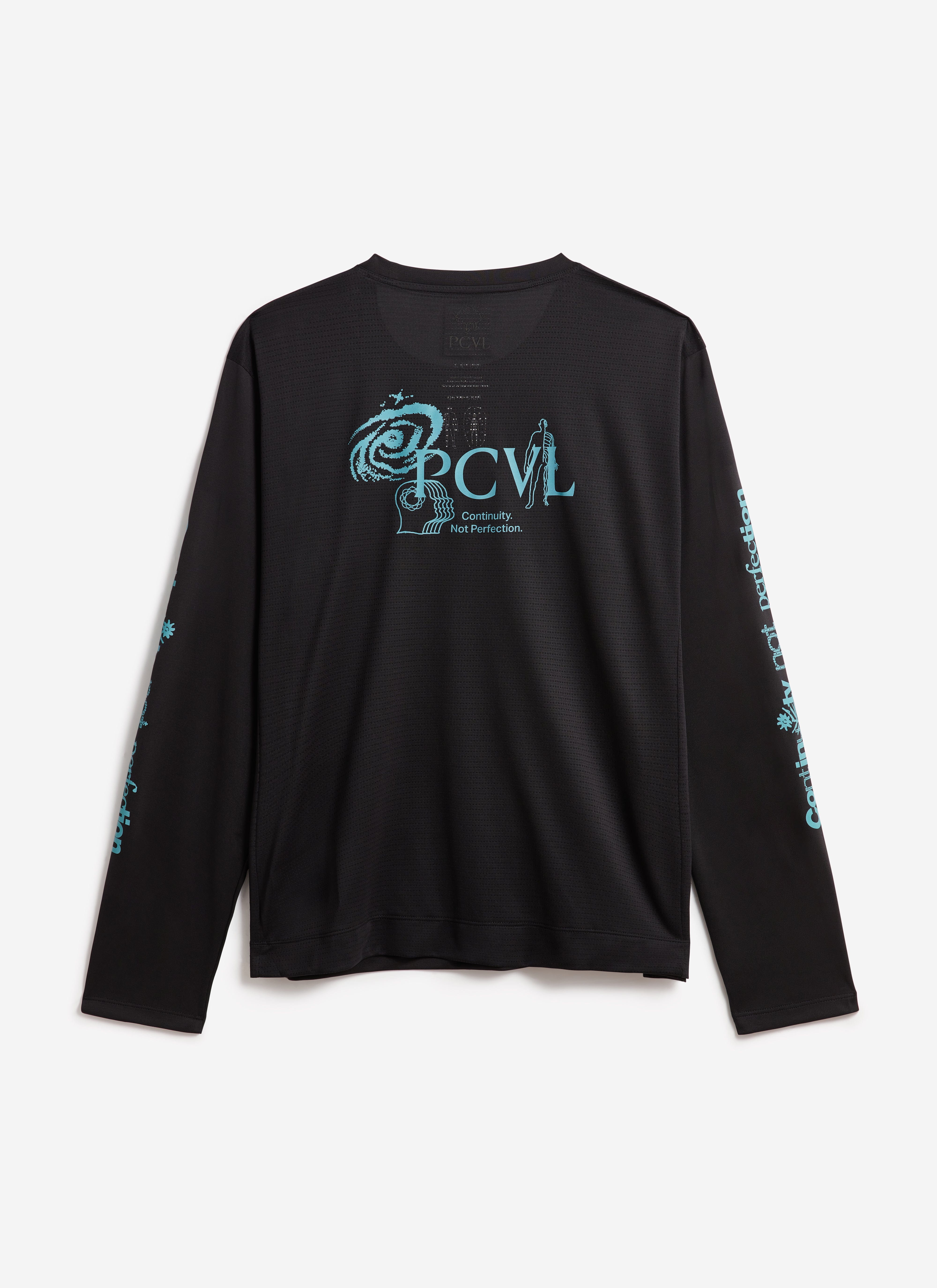 A flat lay of the back of the black PCVL Long Sleeve Performance Top from Percival, showing the printed blue graphics.