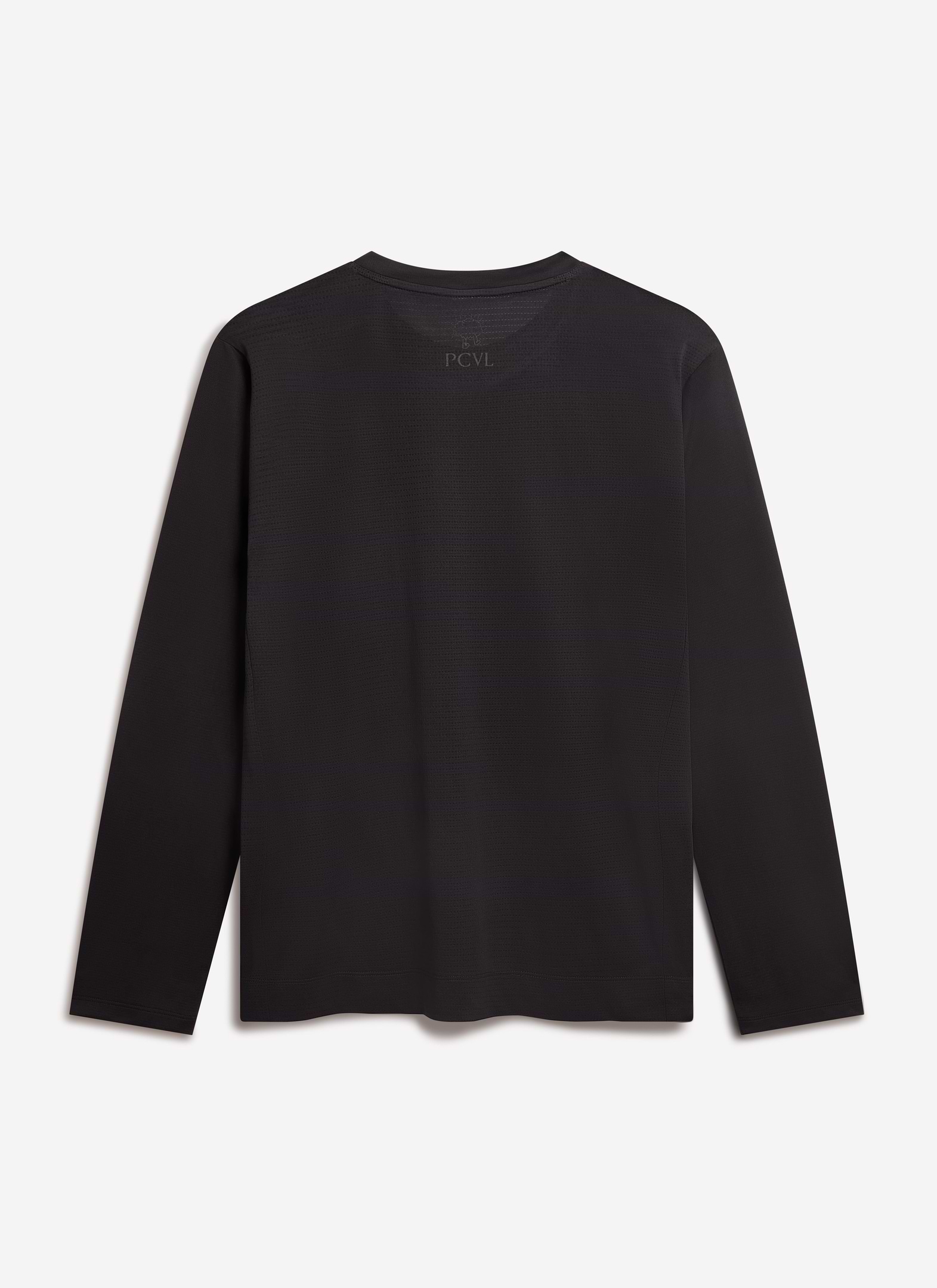 The back of the Percival PCVL Long Sleeve Performance Top in black, showing the ventilated mesh and subtle branding.