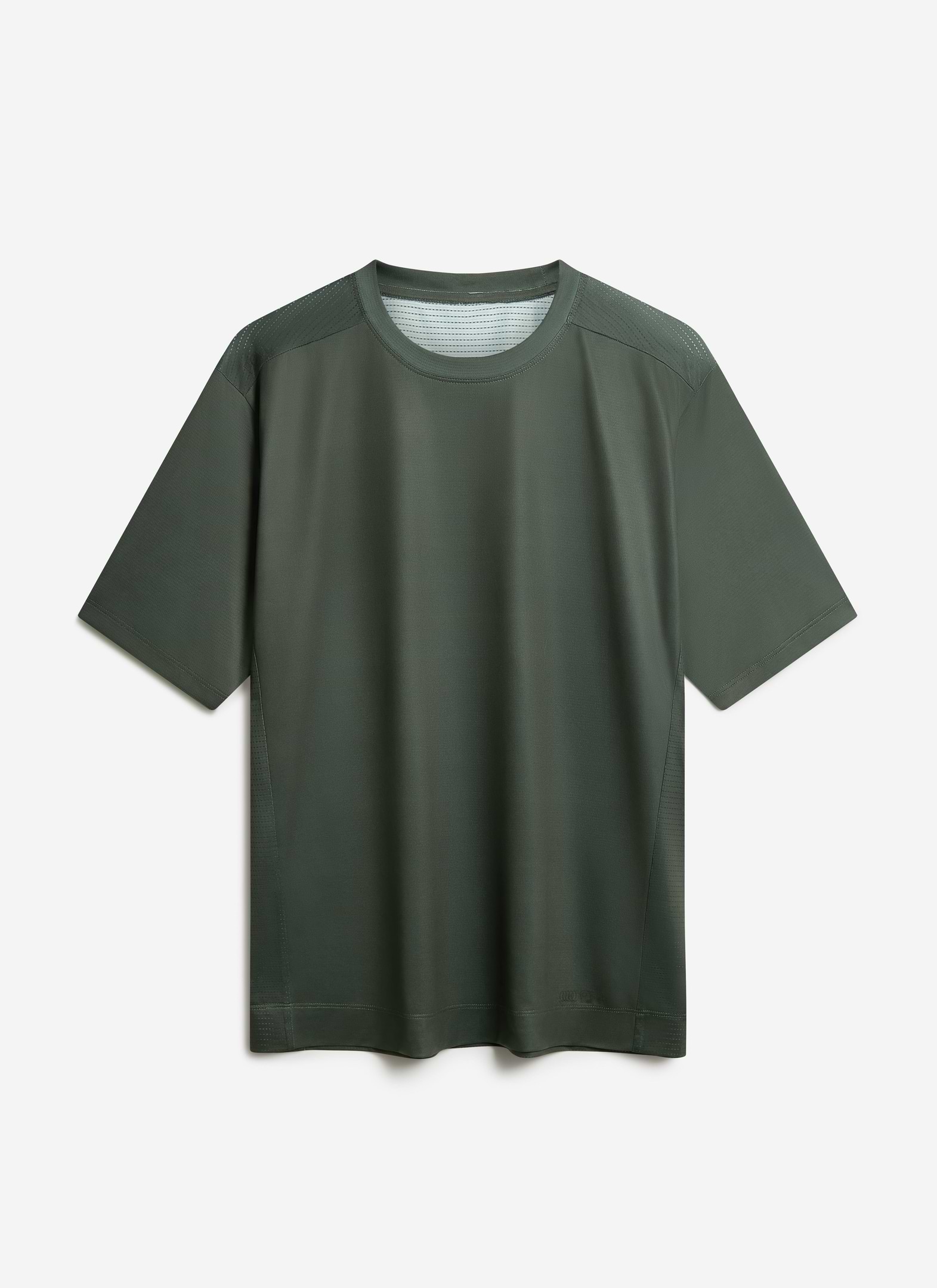 The forest green PCVL Performance Top from Percival, a technical training t-shirt, photographed from the front.