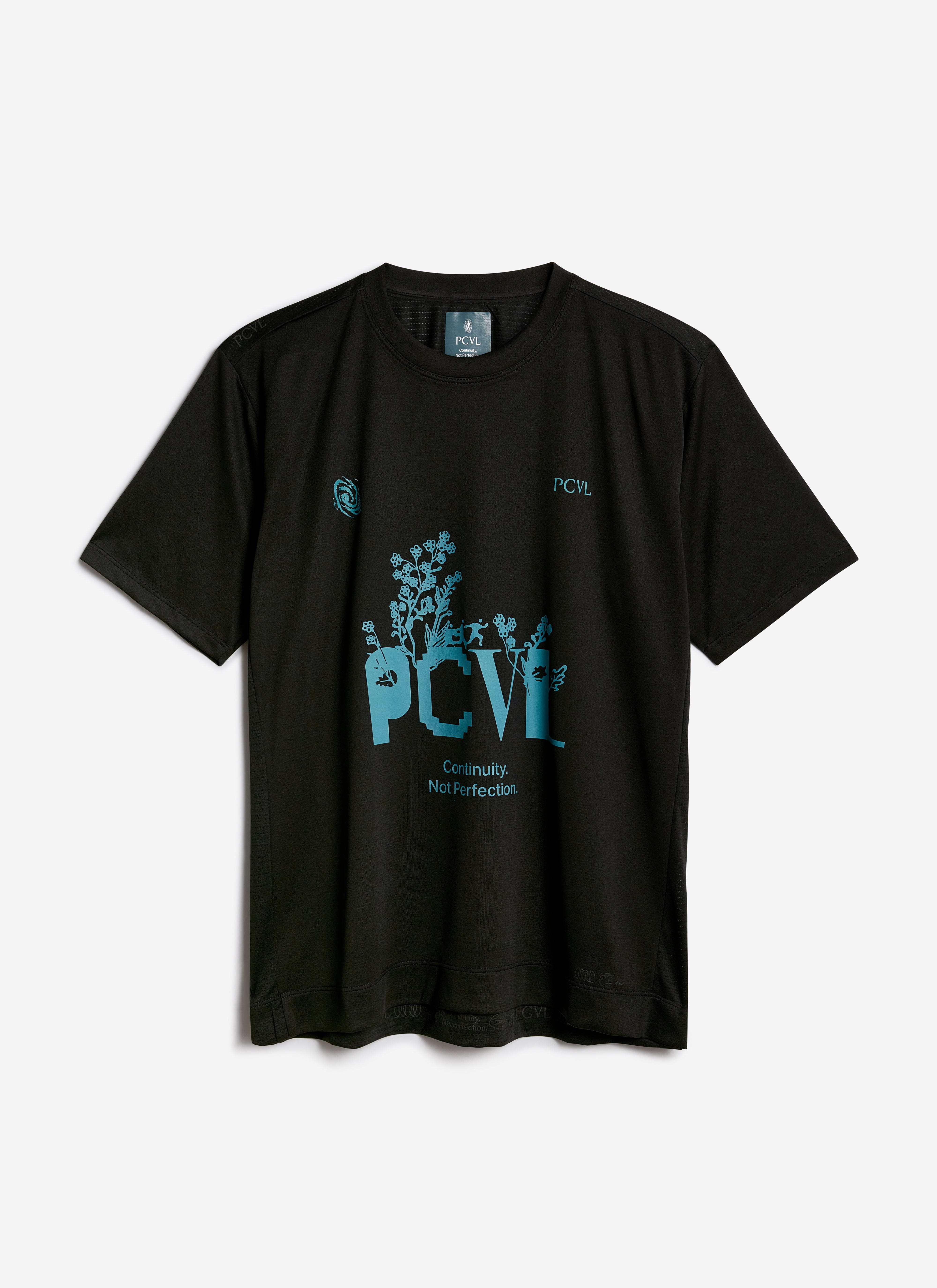 A flat lay of the black Percival PCVL Graphic Printed Performance Top, featuring a blue botanical chest graphic.