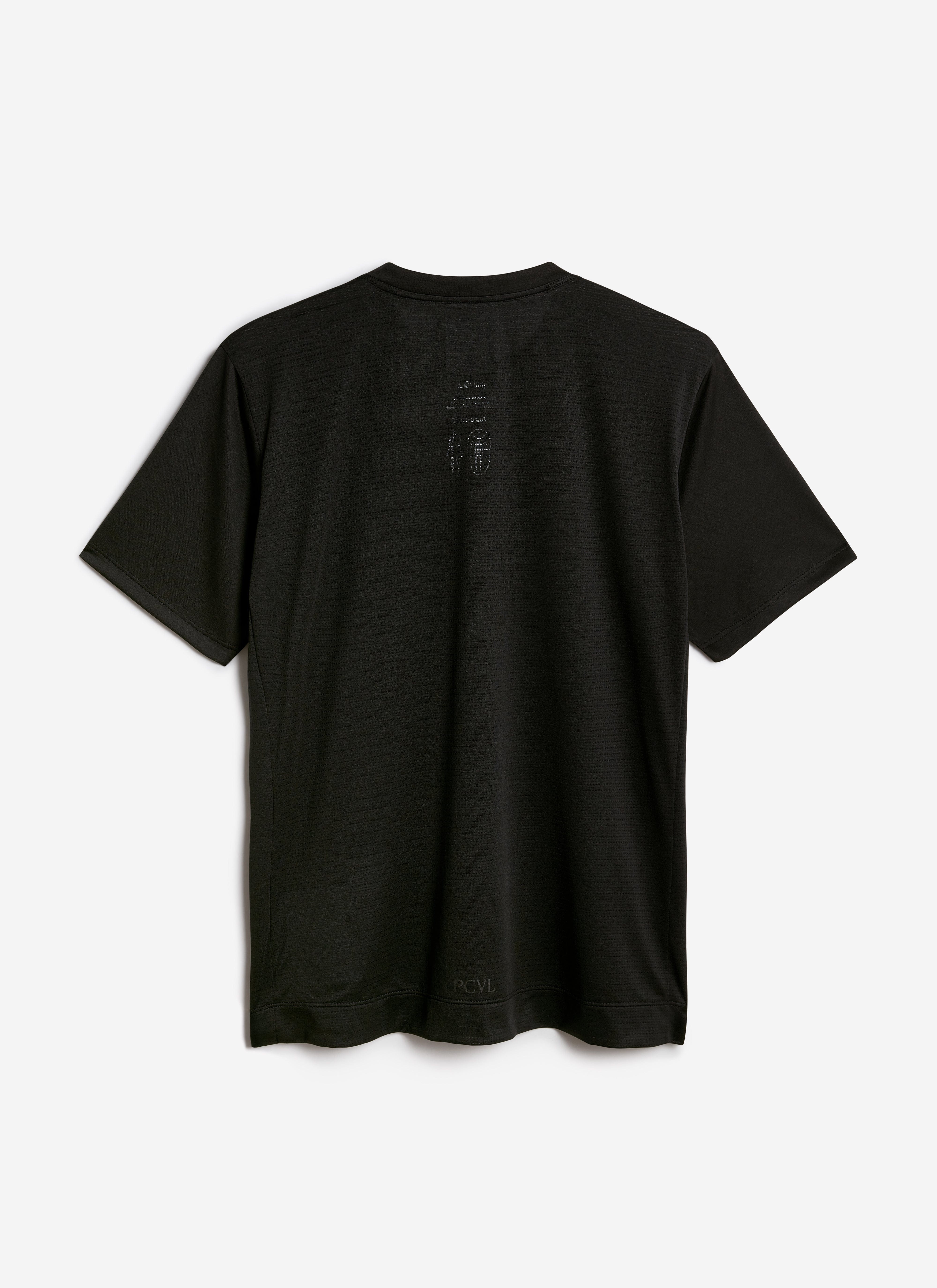 A back view of the black Percival PCVL Graphic Printed Performance Top, featuring tonal graphics and subtle PCVL branding.