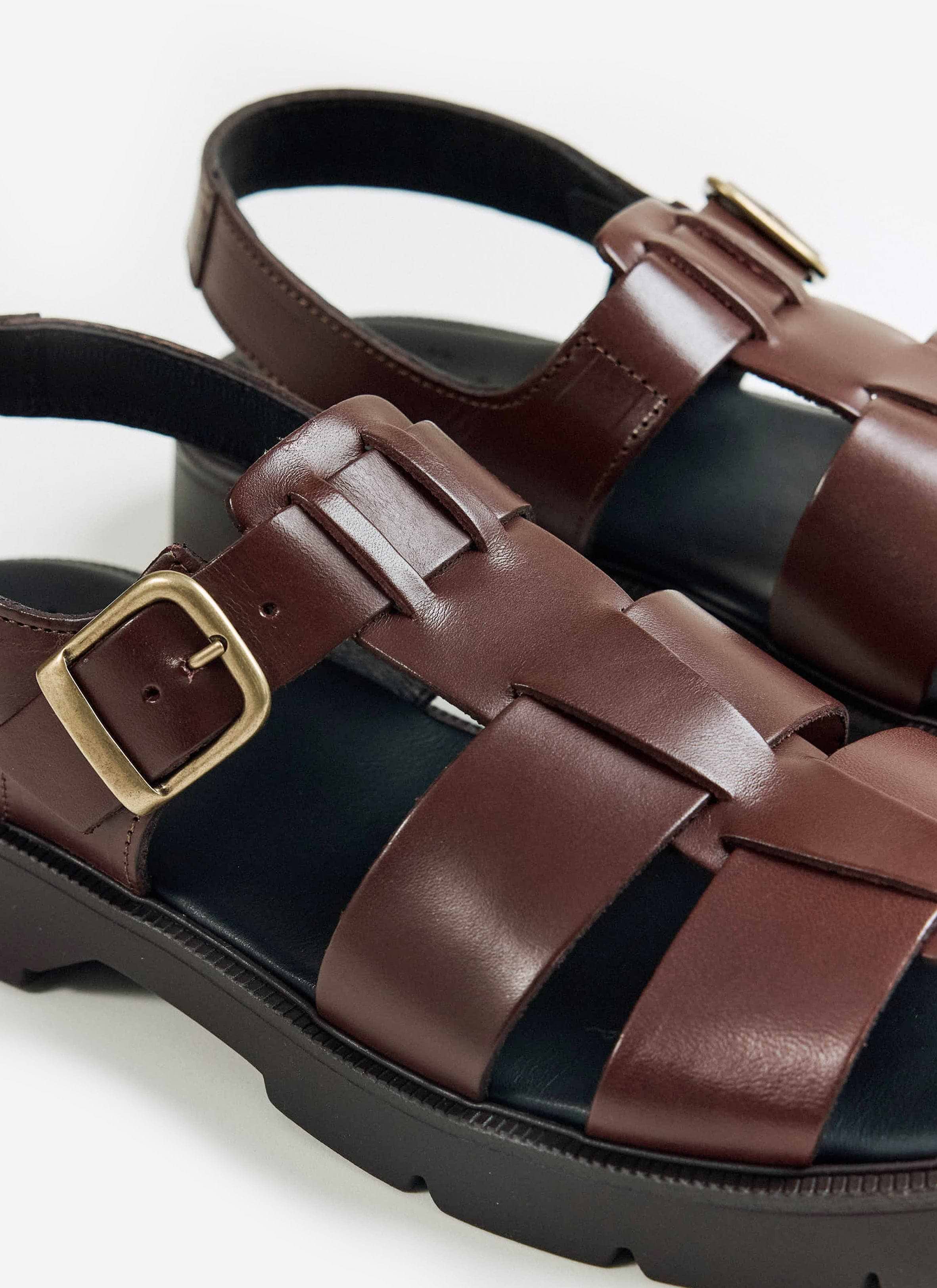Close-up of the brown Kleman Ballast VGT Sandal at Percival. Style with Percival linen trousers for a sharp summer look.