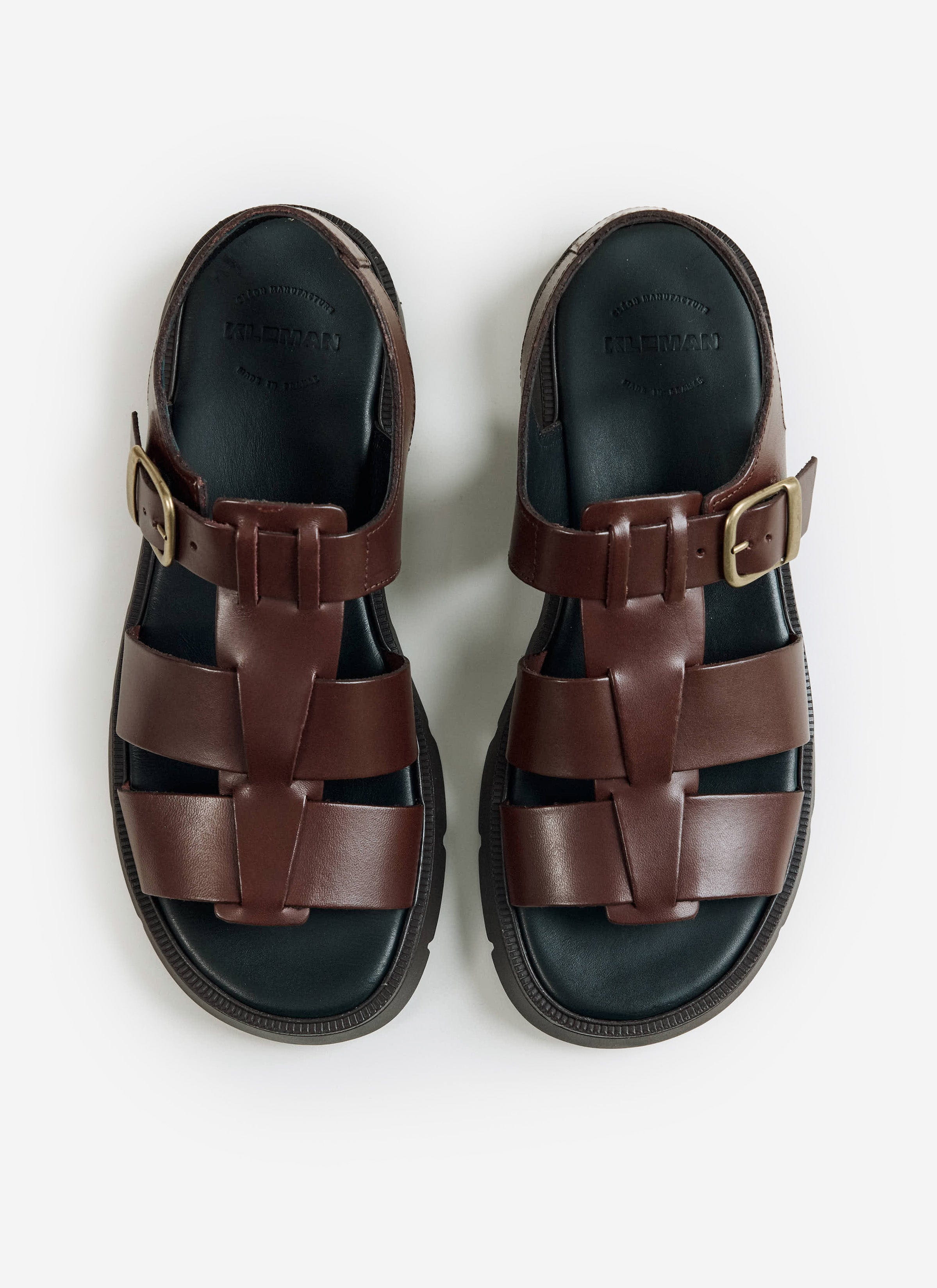 A top-down shot of Kleman Ballast VGT sandals in Marron at Percival. Style with Percival linen trousers for summer.