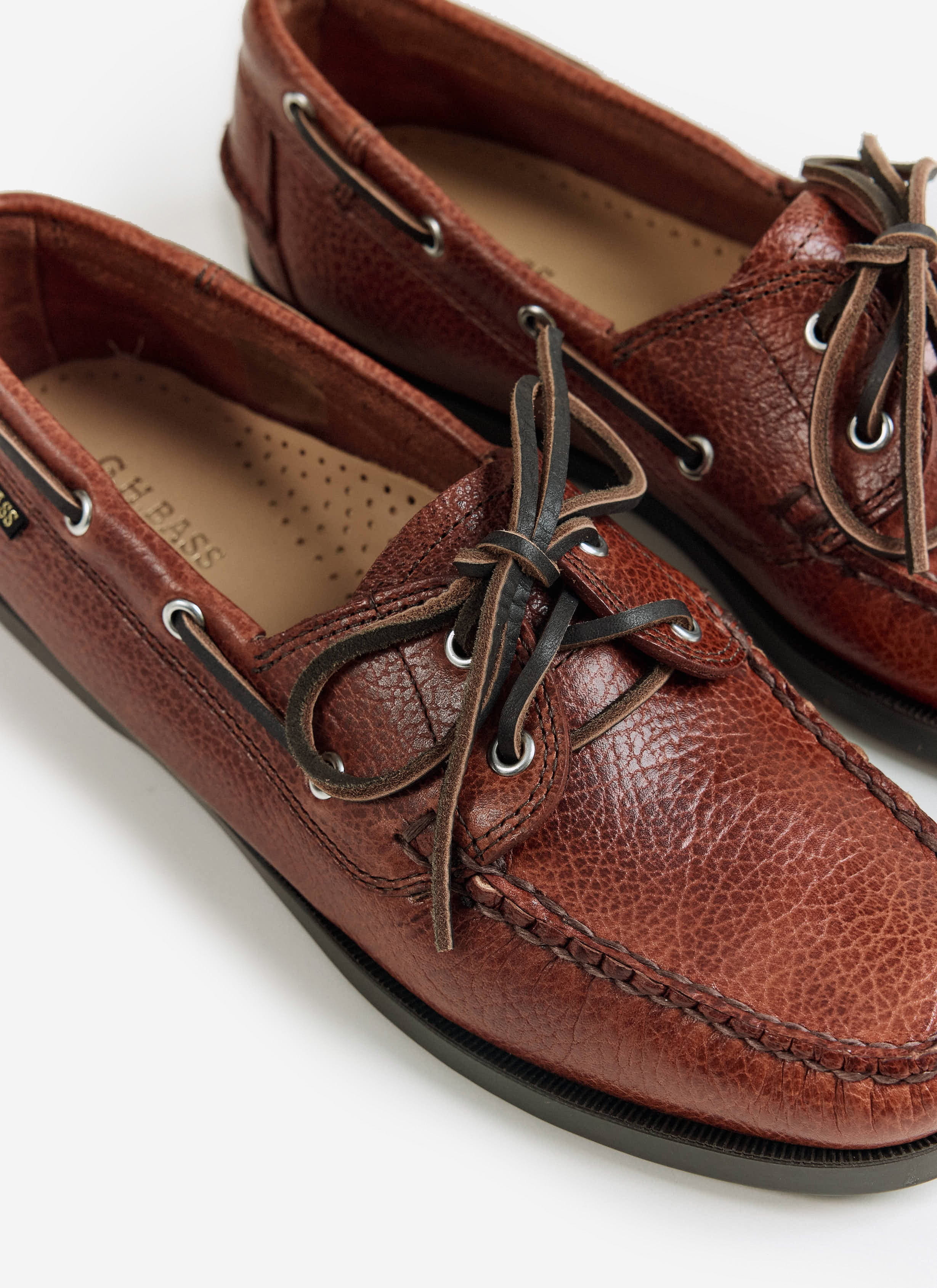A close-up of the G.H. Bass Jetty II Boater 2 Eye in textured tan leather from Percival, showing the leather laces.